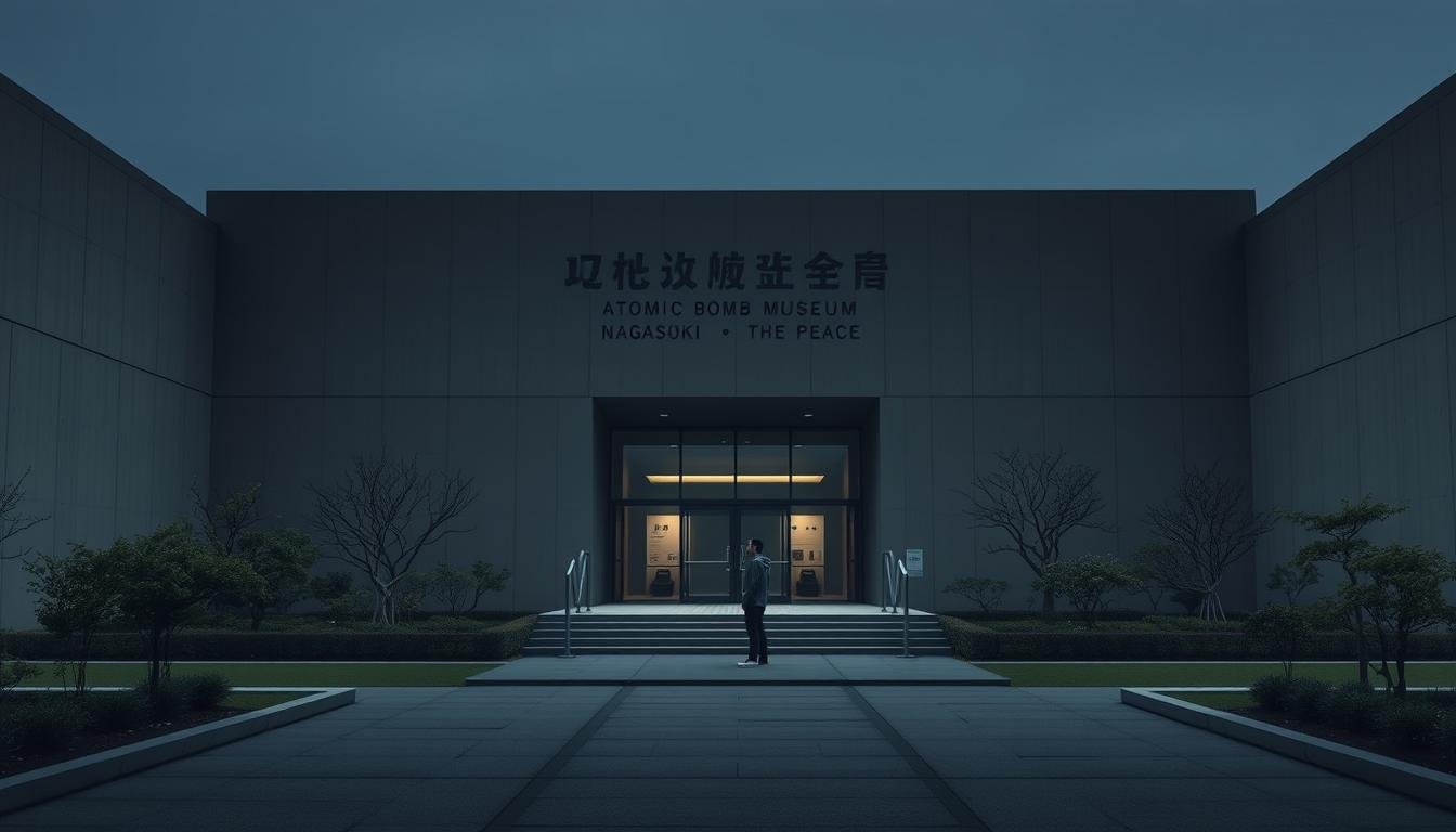 A serene and contemplative scene of the Atomic Bomb Museum in Nagasaki, Japan. The museum's exterior is a somber, modern structure with clean lines and a subdued color palette, reflecting the gravity of its subject matter. The entrance is framed by a tranquil garden, where visitors pause to reflect before embarking on their journey of understanding. Soft, diffused lighting illuminates the scene, creating a pensive atmosphere. The image conveys the museum's role as a space for education, remembrance, and a call for peace, inviting the viewer to approach the subject with reverence and an open mind. A serene and contemplative scene of the Atomic Bomb Museum in Nagasaki, Japan. The museum's exterior is a somber, modern structure with clean lines and a subdued color palette, reflecting the gravity of its subject matter. The entrance is framed by a tranquil garden, where visitors pause to reflect before embarking on their journey of understanding. Soft, diffused lighting illuminates the scene, creating a pensive atmosphere. The image conveys the museum's role as a space for education, remembrance, and a call for peace, inviting the viewer to approach the subject with reverence and an open mind.