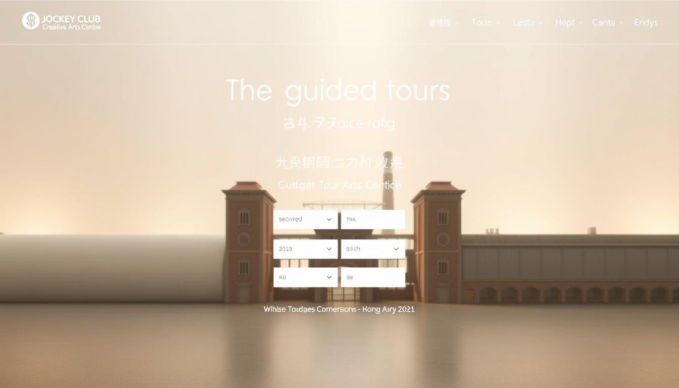 A serene and inviting booking interface for guided tours at Jockey Club Creative Arts Centre. The foreground showcases a clean, minimalist design with elegant typography and intuitive user controls to select tour dates, times, and customize experiences. The middle ground features a captivating 3D rendering of the historic industrial architecture, highlighting its unique charm. The background subtly blends in soft lighting and muted colors, creating a calming atmosphere that evokes the rich heritage and creativity of this Hong Kong tourism hotspot. The overall composition conveys a sense of anticipation and excitement for the immersive cultural journey ahead.