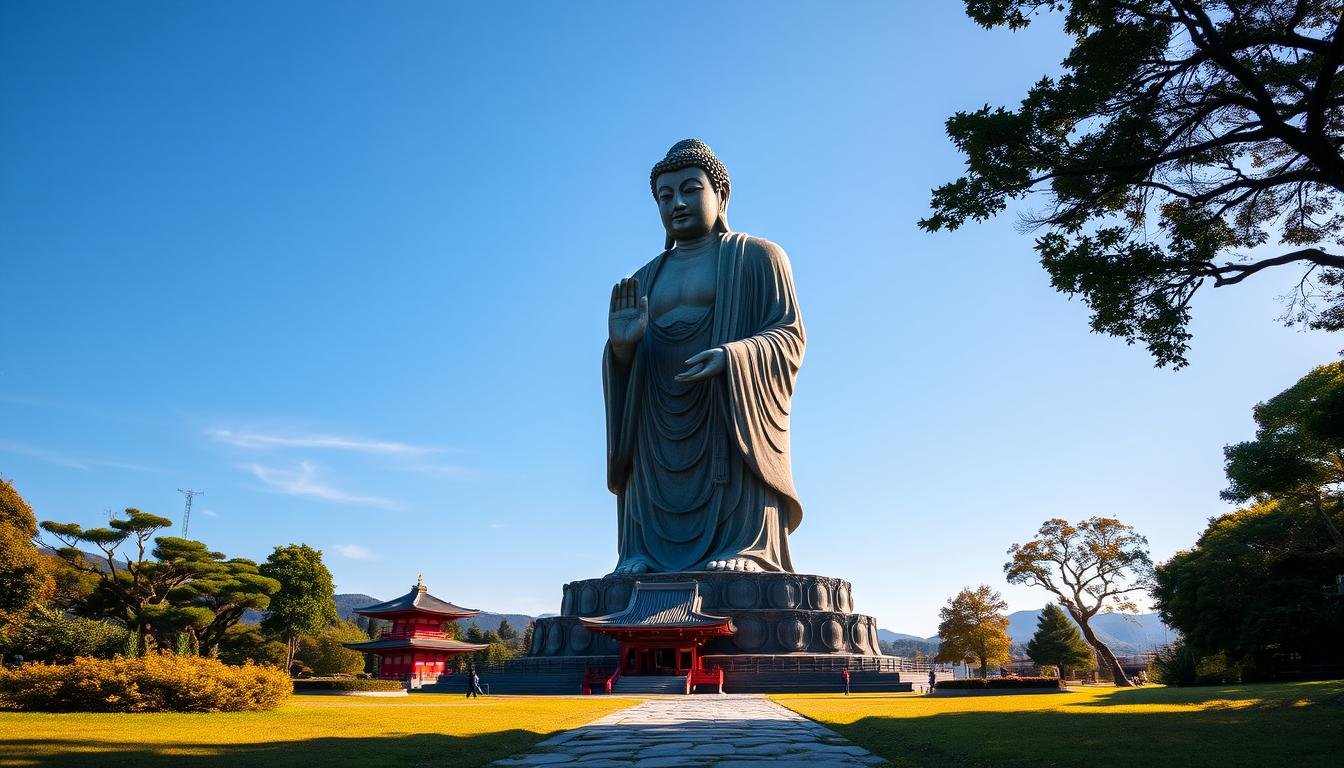 A serene and majestic Buddhist statue stands tall, its weathered features carved with intricate detail. The Great Buddha of Kamakura, dating back to the 13th century, sits peacefully in a tranquil garden setting, surrounded by lush greenery and a clear azure sky. Warm, diffused lighting accentuates the statue's imposing presence, casting subtle shadows that convey a sense of timeless grandeur. In the foreground, a well-worn stone path leads visitors towards the iconic figure, inviting contemplation and reverence for this remarkable historical and cultural landmark. The mid-ground features a traditional Japanese temple structure, its elegant architecture blending seamlessly with the natural landscape. In the distance, rolling hills and the distant horizon create a sense of depth and tranquility, completing the serene and contemplative atmosphere.