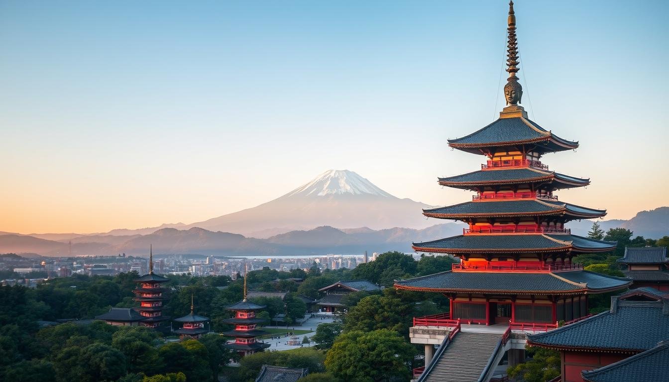 A serene and majestic image of the Todaiji Temple, a UNESCO World Heritage site in Nara, Japan. In the foreground, the iconic Great Buddha Hall stands tall, its magnificent bronze Buddha statue casting a peaceful glow. The intricate architectural details of the temple's roofs and eaves are captured in rich, warm tones. In the middle ground, the verdant grounds of the temple complex are dotted with pagodas and shrines, reflecting the temple's long and storied history. The background features the rolling hills of the Nara landscape, with the iconic Mount Wakakusa silhouetted against a softly lit sky. The overall scene conveys a sense of timeless serenity and the deep cultural significance of this renowned Buddhist temple.