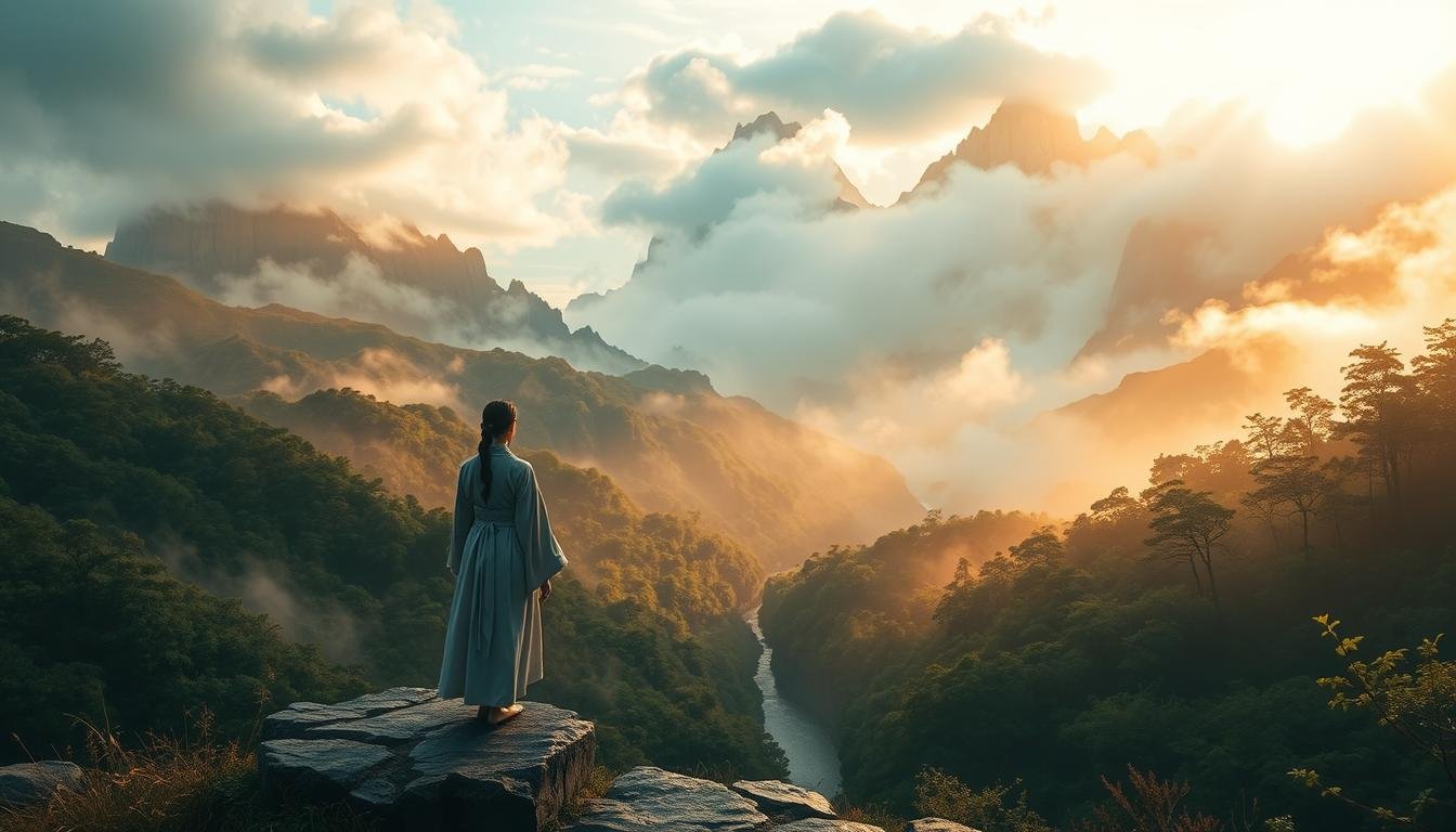 A serene and mystical landscape set in the ancient Japanese region of Takachiho, where legend tells of celestial beings dwelling in the misty peaks. In the foreground, a graceful figure in flowing robes stands atop a stone path, gazing out towards the towering, mist-shrouded mountains. Warm, golden light filters through the shifting clouds, casting a dreamy, otherworldly glow over the scene. The middle ground features a winding river cutting through the verdant, forested slopes, while in the distance, the jagged silhouettes of the sacred peaks rise up, partially obscured by layers of diaphanous fog. An air of tranquility and timelessness pervades the composition, inviting the viewer to step into the realm of ancient Japanese myth and spirituality.