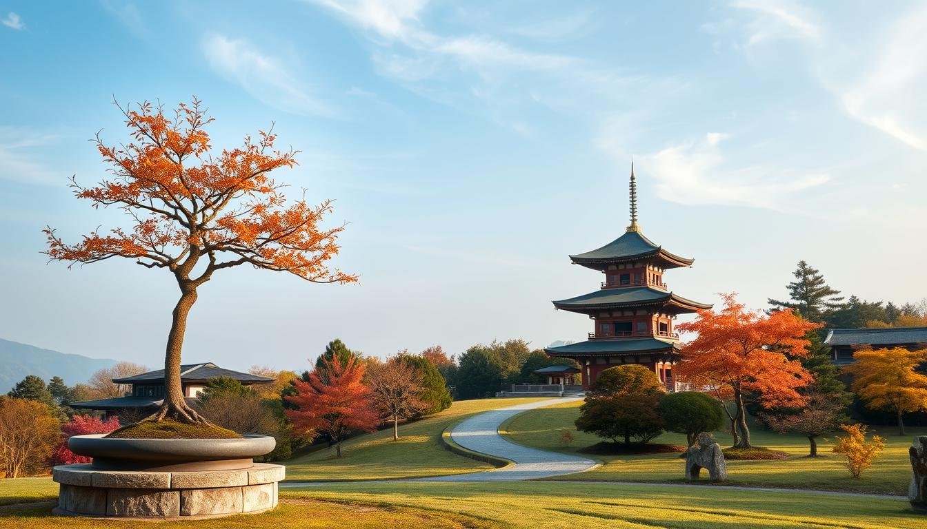 A serene and tranquil Japanese garden in the autumn, with the iconic torii gate of the Ise Shrine as the centerpiece. The sky is a soft, hazy blue, with wispy clouds casting gentle shadows across the landscape. In the foreground, a beautifully manicured bonsai tree stands in a stone basin, its delicate leaves hinting at the changing of the seasons. The middle ground features a winding path leading towards the shrine, flanked by colorful maple trees and carefully placed stones. In the background, the iconic pagoda of the Ise Shrine rises majestically, its intricate architecture bathed in the warm glow of the autumn sun. The overall mood is one of timeless elegance and reverence, perfectly capturing the essence of the "9 月" period in Japan.
