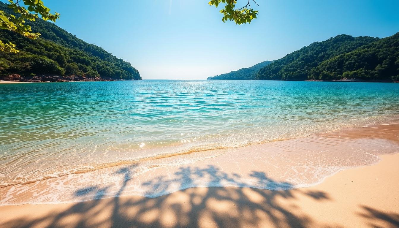 A serene and tranquil beach in Repulse Bay, Hong Kong, where the azure waters of the South China Sea gently kiss the soft, golden sand. Sunlight dances across the calm surface, creating a shimmering, reflective mirror. The scene is framed by lush, verdant foliage that cascades down the surrounding hills, offering a natural, picturesque backdrop. A wide-angle lens captures the full expanse of this idyllic coastal retreat, inviting the viewer to immerse themselves in the peaceful ambiance and imagine the joys of a restorative beach vacation.