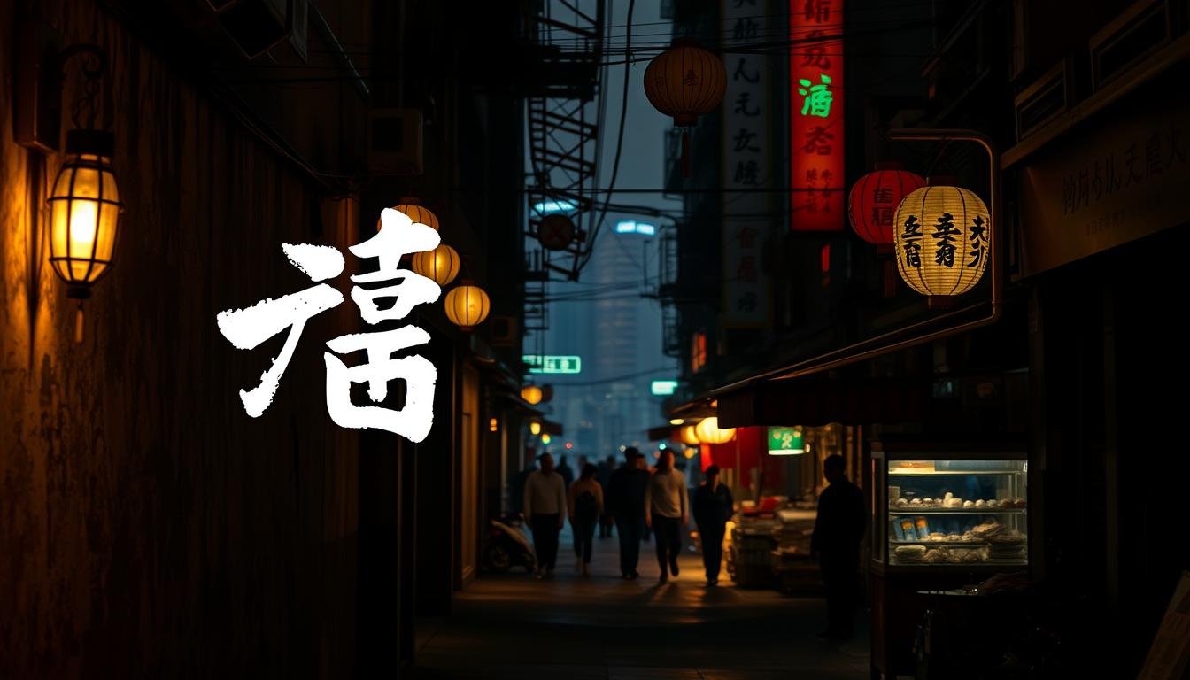 A serene, atmospheric image of the Chinese character "香" (Fragrance) set against the backdrop of a dimly lit street in Hong Kong's Kowloon district. The character is rendered in a traditional calligraphic style, its brushstrokes casting delicate shadows on the weathered, textured walls surrounding it. The foreground is bathed in a warm, golden glow from string lights and lanterns, creating a cozy, inviting ambiance. In the middle ground, pedestrians and vendors go about their business, their silhouettes adding a sense of energy and vibrant street life. The background fades into a hazy, neon-tinged skyline, suggesting the bustling, cosmopolitan nature of the city. The overall scene evokes the rich cultural heritage and lively atmosphere of this iconic Hong Kong neighborhood.
