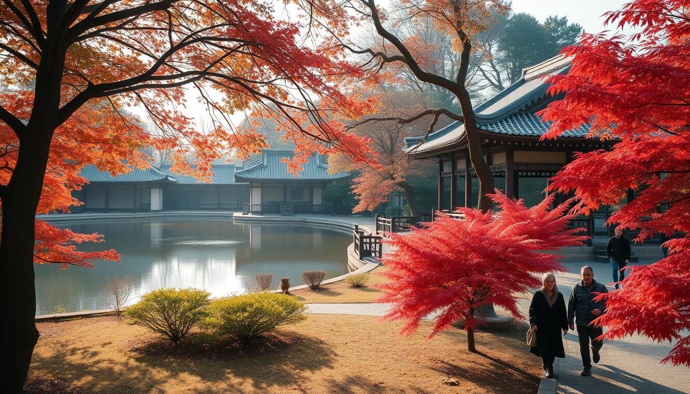 A serene autumn day in the gardens of Shirohama Shiseki Park, known as Jokamachi. Vibrant red maples line the peaceful walking paths, their leaves gently swaying in the soft breeze. A tranquil pond reflects the ornate architecture of the nearby pavilions, creating a harmonious interplay of natural and man-made elements. Visitors stroll leisurely, admiring the carefully tended landscape and the remnants of Kumamoto Castle's outer walls. Soft, diffused sunlight filters through the canopy, casting a warm, nostalgic glow over the scene. An intimate, contemplative atmosphere pervades, inviting visitors to slow down and immerse themselves in the serene beauty of this historic garden oasis. A serene autumn day in the gardens of Shirohama Shiseki Park, known as Jokamachi. Vibrant red maples line the peaceful walking paths, their leaves gently swaying in the soft breeze. A tranquil pond reflects the ornate architecture of the nearby pavilions, creating a harmonious interplay of natural and man-made elements. Visitors stroll leisurely, admiring the carefully tended landscape and the remnants of Kumamoto Castle's outer walls. Soft, diffused sunlight filters through the canopy, casting a warm, nostalgic glow over the scene. An intimate, contemplative atmosphere pervades, inviting visitors to slow down and immerse themselves in the serene beauty of this historic garden oasis.