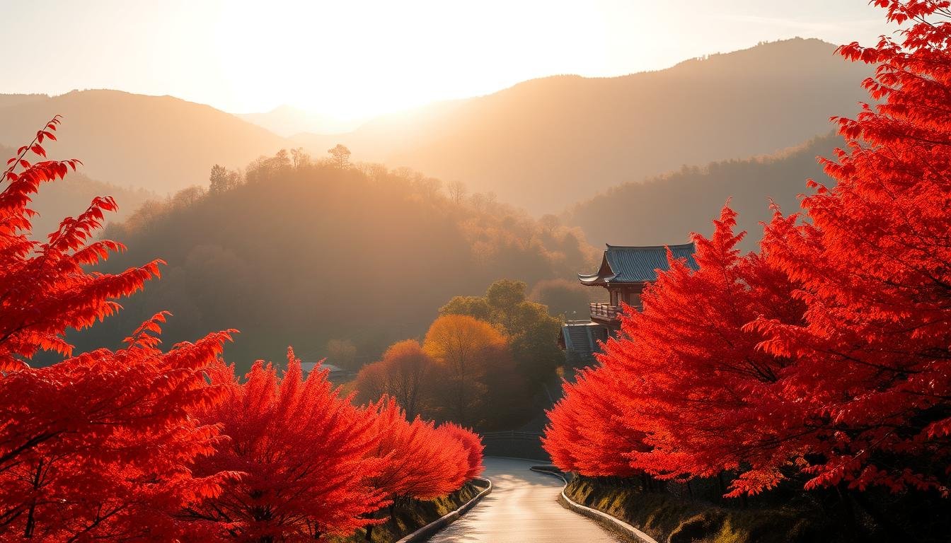 A serene autumn landscape in the mountains of Japan, bathed in the warm glow of the setting sun. Vibrant red and orange maples line the winding path, their leaves gently swaying in the cool breeze. In the distance, a traditional Japanese temple nestled between the hills, its roof tiles reflecting the golden light. The scene is captured with a wide-angle lens, emphasizing the depth and grandeur of the natural surroundings. The overall mood is one of tranquility and appreciation for the beauty of the changing seasons, perfectly capturing the essence of the "Momijigari" or autumn leaf-viewing experience. A serene autumn landscape in the mountains of Japan, bathed in the warm glow of the setting sun. Vibrant red and orange maples line the winding path, their leaves gently swaying in the cool breeze. In the distance, a traditional Japanese temple nestled between the hills, its roof tiles reflecting the golden light. The scene is captured with a wide-angle lens, emphasizing the depth and grandeur of the natural surroundings. The overall mood is one of tranquility and appreciation for the beauty of the changing seasons, perfectly capturing the essence of the "Momijigari" or autumn leaf-viewing experience.