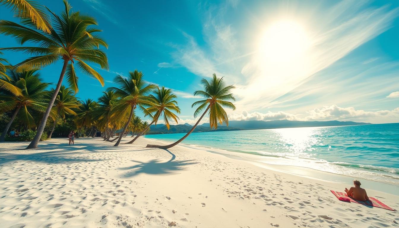 A serene beach in Okinawa, Japan, with crystal-clear turquoise waters lapping against the soft, white sand. Palm trees sway gently in the warm, tropical breeze, casting delicate shadows on the ground. In the distance, a picturesque mountain range rises, its peaks shrouded in wispy clouds. The sun's rays filter through, illuminating the scene with a golden glow, creating a tranquil and inviting atmosphere. Beachgoers relax on colorful towels, enjoying the idyllic setting. The camera captures this slice of paradise from a low angle, emphasizing the vastness of the sky and the calming serenity of the beach. A serene beach in Okinawa, Japan, with crystal-clear turquoise waters lapping against the soft, white sand. Palm trees sway gently in the warm, tropical breeze, casting delicate shadows on the ground. In the distance, a picturesque mountain range rises, its peaks shrouded in wispy clouds. The sun's rays filter through, illuminating the scene with a golden glow, creating a tranquil and inviting atmosphere. Beachgoers relax on colorful towels, enjoying the idyllic setting. The camera captures this slice of paradise from a low angle, emphasizing the vastness of the sky and the calming serenity of the beach.