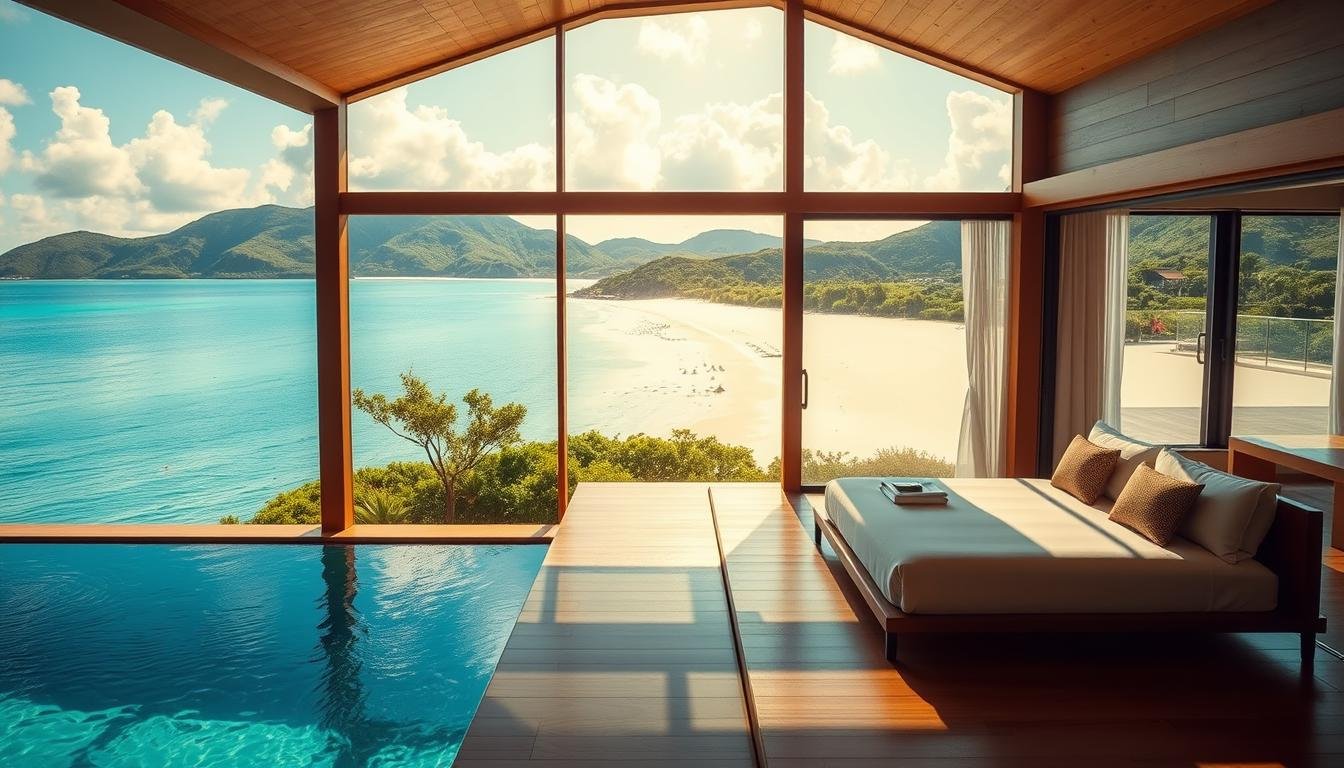 A serene beachfront hotel nestled along the northern Okinawan coastline, with a stunning panoramic view of the vibrant turquoise waters and lush, verdant hills in the distance. The hotel's minimalist yet elegant architecture seamlessly blends with the natural surroundings, creating a tranquil and relaxing atmosphere. Warm afternoon sunlight filters through the large windows, casting a gentle glow over the polished wooden floors and modern furnishings. Guests can enjoy direct access to a private, pristine stretch of white sand beach, perfect for strolling, swimming, or simply taking in the breathtaking scenery. This luxurious resort offers the ultimate Okinawan island getaway, where visitors can truly immerse themselves in the beauty of the Japanese archipelago. A serene beachfront hotel nestled along the northern Okinawan coastline, with a stunning panoramic view of the vibrant turquoise waters and lush, verdant hills in the distance. The hotel's minimalist yet elegant architecture seamlessly blends with the natural surroundings, creating a tranquil and relaxing atmosphere. Warm afternoon sunlight filters through the large windows, casting a gentle glow over the polished wooden floors and modern furnishings. Guests can enjoy direct access to a private, pristine stretch of white sand beach, perfect for strolling, swimming, or simply taking in the breathtaking scenery. This luxurious resort offers the ultimate Okinawan island getaway, where visitors can truly immerse themselves in the beauty of the Japanese archipelago.