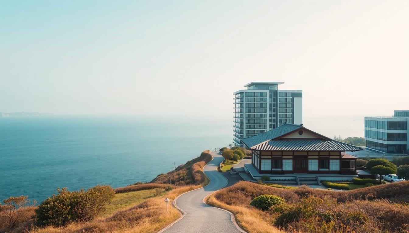 A serene coastal landscape with the Seto Inland Sea stretching out in the distance. In the foreground, two distinct lodging options stand in contrast: a traditional ryokan with its distinctive architecture and a sleek, modern hotel. The ryokan, with its tatami mats and shoji screens, evokes a sense of timeless Japanese elegance, while the hotel's glass façade and clean lines represent a more contemporary aesthetic. The middle ground features a winding path leading towards the two accommodations, allowing the viewer to imagine the decision-making process of choosing between the traditional and the modern. Soft, natural lighting bathes the scene, creating a serene and contemplative atmosphere that captures the essence of the Seto Inland Sea region.