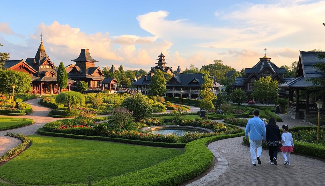 A serene day unfolds at Ghibli Park, capturing the essence of a thoughtfully curated itinerary. In the foreground, a family strolls along winding paths, admiring the whimsical architecture and lush greenery that define the park's distinct atmosphere. The mid-ground showcases meticulously landscaped gardens, with vibrant flora and gentle water features that invite exploration. In the distance, the iconic structures of the park's various zones rise, their architectural details bathed in warm, golden light that filters through wispy clouds. The overall scene conveys a sense of tranquility and wonder, perfectly encapsulating the carefully planned one-day journey through this enchanting destination.