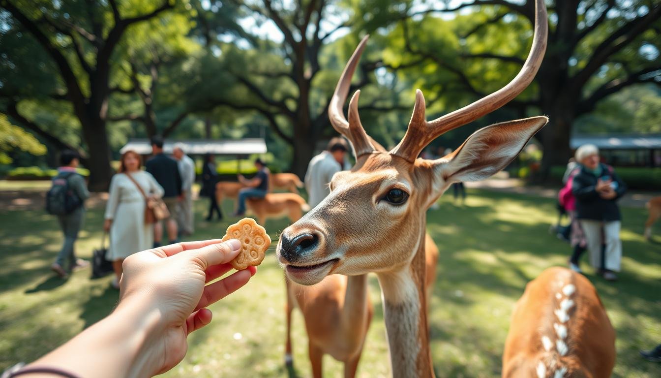 A serene deer park in Nara, Japan, where visitors engage in the age-old ritual of feeding the local deer population. In the foreground, a person gently extends a hand, offering a delicate deer cracker to a curious, antlered cervine. The deer's gentle, soulful eyes and attentive posture convey a sense of mutual understanding and respect. The middle ground features a group of people respectfully interacting with the deer, following the established feeding etiquette. The background depicts the lush, verdant landscape of the park, with sunlight filtering through the canopy of trees, creating a warm, natural ambiance. The overall scene captures the harmonious coexistence between humans and the iconic Nara deer, showcasing the cultural significance and the importance of responsible interaction within this cherished natural sanctuary. A serene deer park in Nara, Japan, where visitors engage in the age-old ritual of feeding the local deer population. In the foreground, a person gently extends a hand, offering a delicate deer cracker to a curious, antlered cervine. The deer's gentle, soulful eyes and attentive posture convey a sense of mutual understanding and respect. The middle ground features a group of people respectfully interacting with the deer, following the established feeding etiquette. The background depicts the lush, verdant landscape of the park, with sunlight filtering through the canopy of trees, creating a warm, natural ambiance. The overall scene captures the harmonious coexistence between humans and the iconic Nara deer, showcasing the cultural significance and the importance of responsible interaction within this cherished natural sanctuary.
