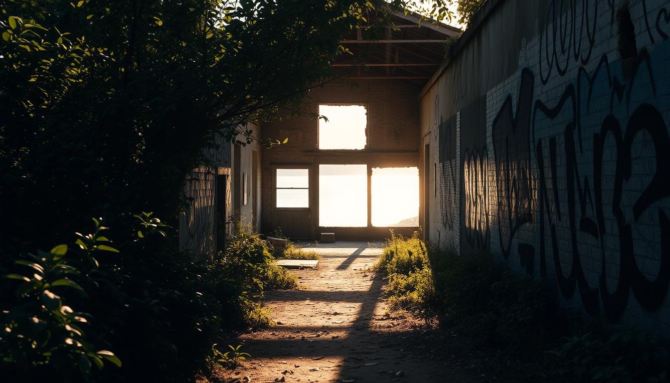 A serene half-day journey through the artistic ruins of Peng Chau island, Hong Kong. A sun-dappled path winds through overgrown foliage, leading to a crumbling, graffiti-covered structure. Sunlight filters through broken windows, casting dramatic shadows across the weathered walls. In the distance, the tranquil waters of the South China Sea shimmer under a warm, golden glow. Explore this hidden gem at a leisurely pace, capturing the essence of island life and the captivating beauty of abandoned spaces. A compact wide-angle lens and natural lighting will best showcase the moody atmosphere and picturesque details of this off-the-beaten-path adventure.