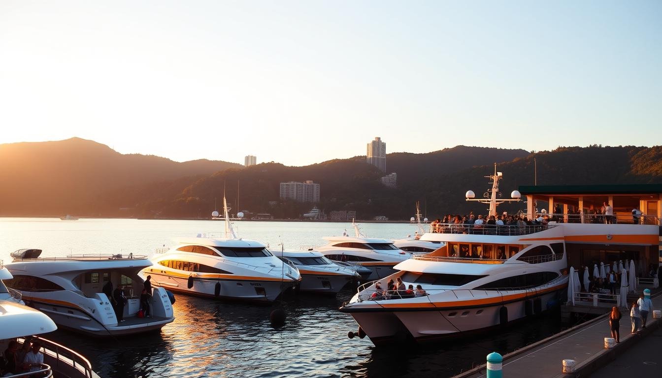 A serene harbor scene at golden hour, with a fleet of passenger ferries docked along the quayside. The vessels feature sleek, modern designs with bright, colorful liveries. Passengers can be seen boarding and disembarking, their silhouettes captured in the warm, glowing light. The background showcases the lush, hilly terrain of the island, with a few high-rise buildings visible in the distance. The overall atmosphere conveys a sense of tranquility and the promise of an idyllic island adventure. The prompt aims to capture the practical yet picturesque journey of reaching Lamma Island from Central and Aberdeen in Hong Kong.
