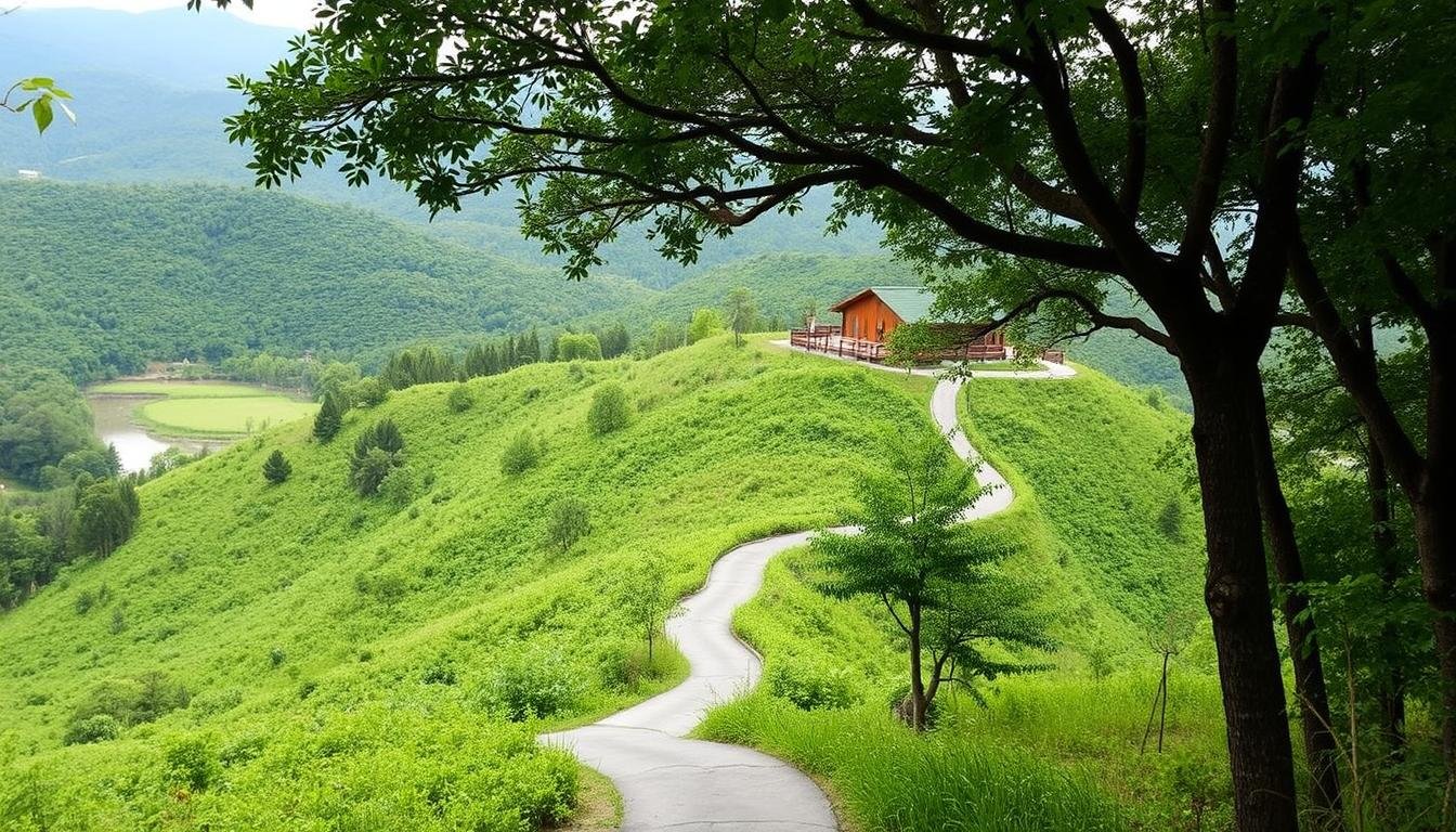 A serene hillside nestled in the lush green landscape of the Baishawan Ecological Reserve. A cozy, rustic lodge perched atop the gentle slopes, surrounded by a canopy of verdant foliage. The lodge's warm, wooden facade blends seamlessly with the natural environment, offering a peaceful respite for eco-tourists. In the foreground, a winding path leads visitors towards the tranquil wetlands, while in the distance, the silhouettes of rolling hills frame the scene. Soft, diffused lighting filters through the trees, creating a calming ambiance. This image captures the essence of the Baishawan Ecological Restoration Wetland Park and the accommodations available for those seeking an immersive nature experience.