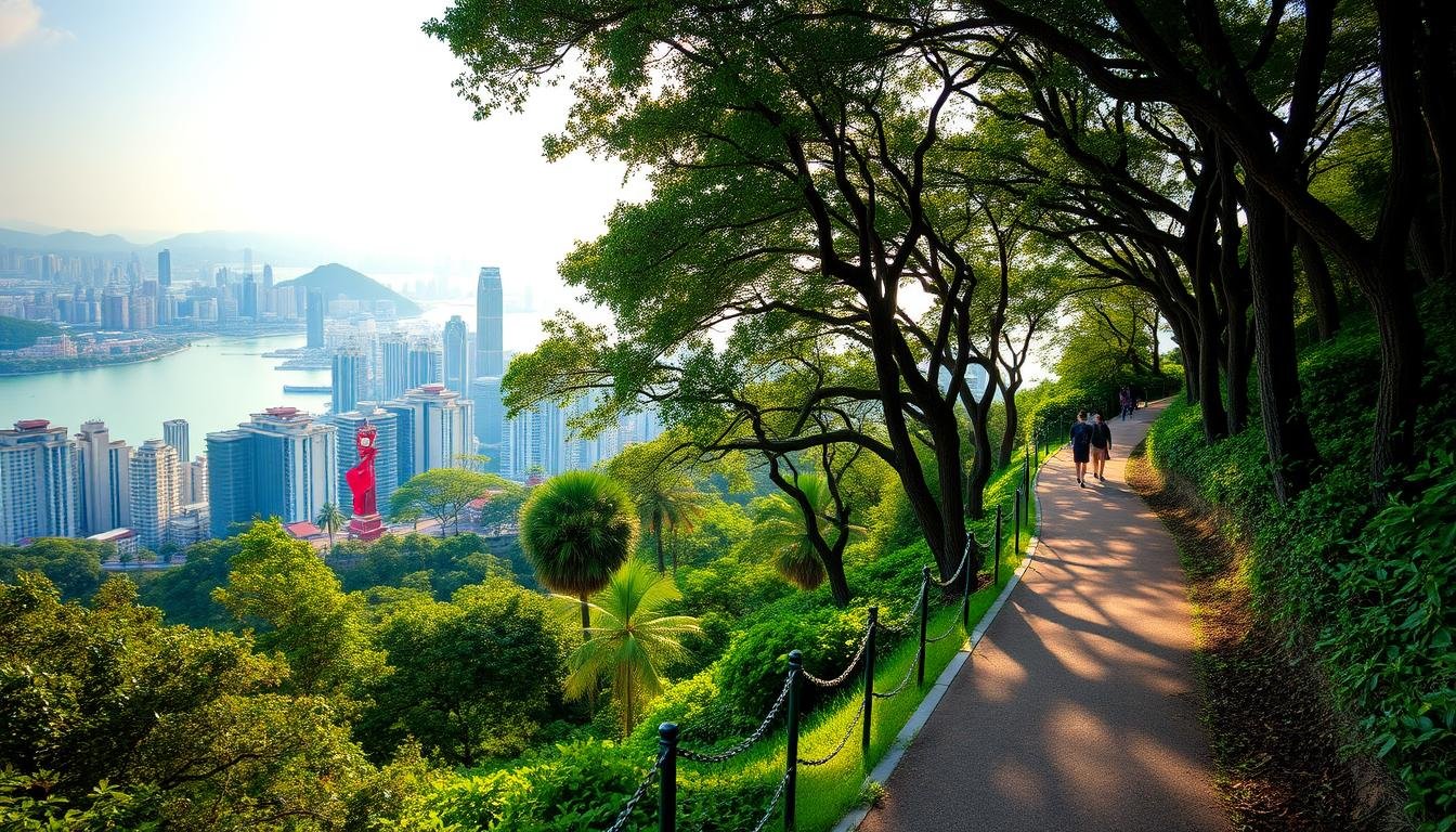 A serene hillside path winds through lush greenery, offering breathtaking views of the iconic Victoria Harbour. Stately colonial-era buildings and modern high-rises create a captivating skyline in the distance. Soft natural lighting filters through the trees, casting a warm glow over the scene. In the foreground, a well-maintained walkway invites exploration, leading visitors on a leisurely journey through this historic and vibrant district. The atmosphere is one of tranquility and discovery, perfectly capturing the essence of a visit to this beloved Hong Kong landmark.
