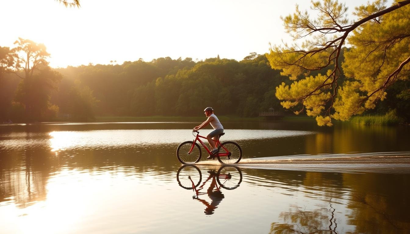 A serene lake nestled amidst lush greenery, the sun's golden rays casting a warm glow across the tranquil waters. In the center, a single person pedals a vibrant red bicycle, its sleek frame gliding effortlessly across the lake's mirror-like surface. The cyclist, donning a casual attire, exudes a sense of carefree exploration, immersed in the breathtaking natural surroundings. The scene is framed by towering trees, their branches swaying gently in the soft breeze, creating a picturesque and immersive experience. The overall atmosphere is one of tranquility, adventure, and a connection with the serene, lake-based cycling activity.