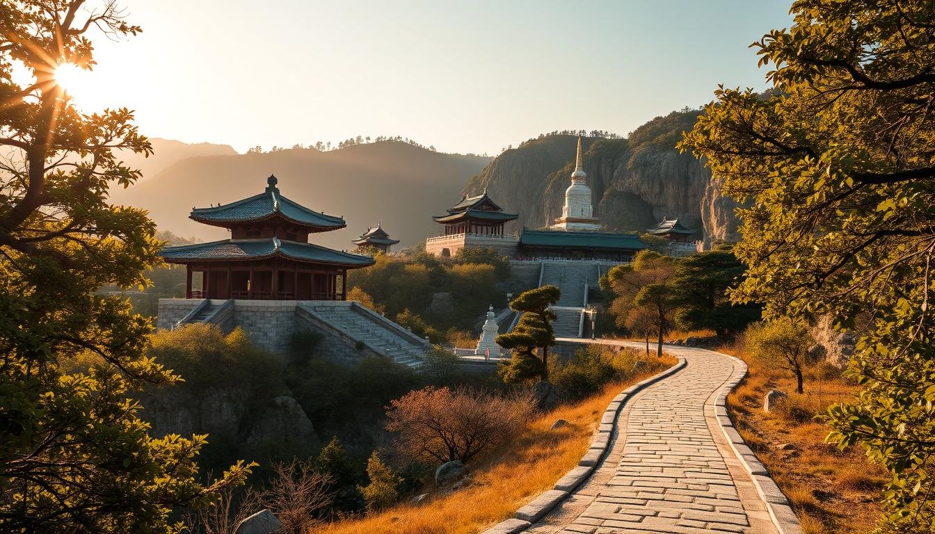 A serene landscape in Gyeongju, South Korea, showcasing the tranquil Bulguksa Temple and the winding path leading to the iconic Seokguram Grotto. Bathed in warm, golden sunlight, the ornate temple structures stand in harmonious contrast against the rugged, rocky terrain. Lush foliage frames the scene, creating a sense of timeless beauty. Carefully composed with a wide-angle lens to capture the grandeur of the setting, the image conveys a profound sense of cultural and historical significance. The viewer is drawn into the scene, compelled to explore the intricate details and immerse themselves in the spiritual atmosphere.