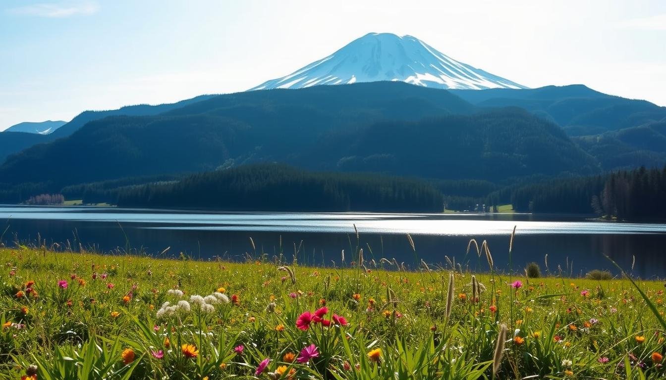 A serene landscape in Hokkaido, Japan, captured under a soft, diffused natural light. In the foreground, a lush, verdant meadow blanketed with vibrant wildflowers sways gently in the breeze. The middle ground features a tranquil lake, its surface mirroring the surrounding mountains and forests in shimmering reflections. In the distance, a majestic snow-capped peak pierces the horizon, evoking a sense of awe and wonder. The overall atmosphere is one of peace, harmony, and deep connection with the natural world.