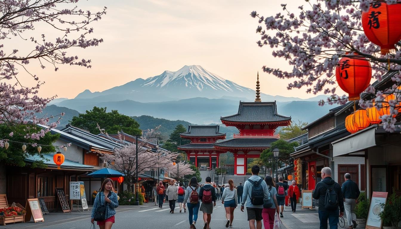 A serene landscape in mid-August, the gentle breeze carries the scent of summer blooms. In the foreground, a group of travelers strolls through a quaint Japanese town, admiring the colorful decorations and traditional lanterns adorning the streets in celebration of Tanabata, the annual Star Festival. In the middle ground, a majestic temple stands tall, its ancient architecture reflecting the rich cultural heritage of the region. Expansive mountains rise in the background, their peaks bathed in the warm glow of the setting sun, creating a breathtaking vista that inspires a sense of wonder and connection with the natural world. The overall scene conveys a serene, contemplative mood, inviting the viewer to immerse themselves in the timeless traditions and natural beauty of this Japanese summer celebration. A serene landscape in mid-August, the gentle breeze carries the scent of summer blooms. In the foreground, a group of travelers strolls through a quaint Japanese town, admiring the colorful decorations and traditional lanterns adorning the streets in celebration of Tanabata, the annual Star Festival. In the middle ground, a majestic temple stands tall, its ancient architecture reflecting the rich cultural heritage of the region. Expansive mountains rise in the background, their peaks bathed in the warm glow of the setting sun, creating a breathtaking vista that inspires a sense of wonder and connection with the natural world. The overall scene conveys a serene, contemplative mood, inviting the viewer to immerse themselves in the timeless traditions and natural beauty of this Japanese summer celebration.