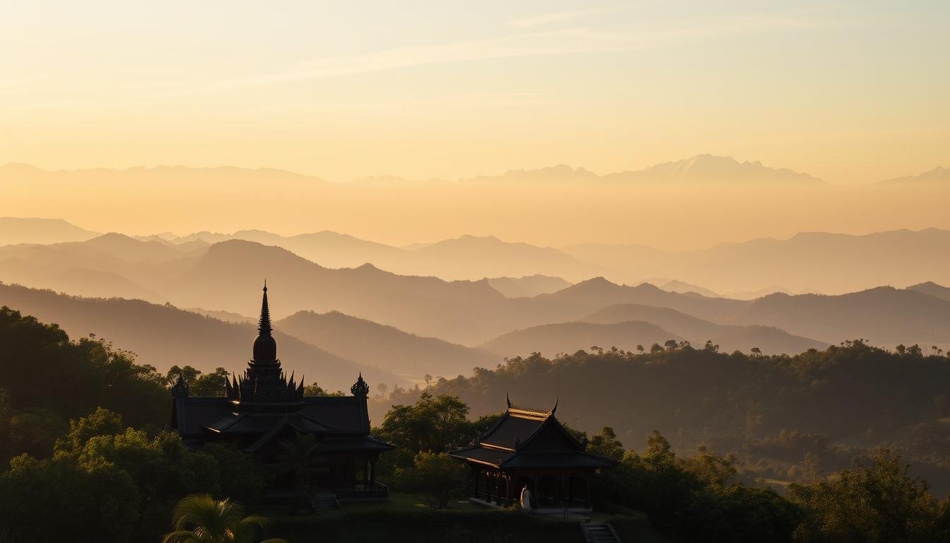 A serene landscape of Chiang Rai in the cool season, bathed in warm, golden light. In the foreground, a picturesque temple with intricate architecture stands amidst lush, verdant foliage. The middle ground features rolling hills shrouded in a soft mist, their silhouettes creating a sense of depth and tranquility. The background showcases the majestic, snow-capped peaks of the surrounding mountains, casting a sublime, ethereal aura over the scene. The overall composition evokes a harmonious balance between the natural and the man-made, capturing the essence of the optimal travel time in Chiang Rai. A serene landscape of Chiang Rai in the cool season, bathed in warm, golden light. In the foreground, a picturesque temple with intricate architecture stands amidst lush, verdant foliage. The middle ground features rolling hills shrouded in a soft mist, their silhouettes creating a sense of depth and tranquility. The background showcases the majestic, snow-capped peaks of the surrounding mountains, casting a sublime, ethereal aura over the scene. The overall composition evokes a harmonious balance between the natural and the man-made, capturing the essence of the optimal travel time in Chiang Rai.