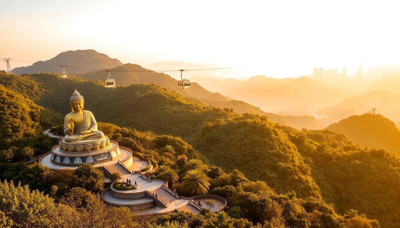 A serene landscape of Lantau Island, Hong Kong, bathed in warm golden light. In the foreground, the iconic Tian Tan Buddha statue stands tall, its impressive size and tranquil presence commanding attention. The middle ground features the Ngong Ping 360 cable car system, its sleek gondolas gliding effortlessly against the backdrop of lush, verdant hills. In the distance, the silhouettes of the Hong Kong Disneyland resort can be seen, hinting at the whimsical adventures that await. The composition captures the harmony between nature, spirituality, and modern entertainment, inviting the viewer to immerse themselves in the diverse offerings of Lantau Island.