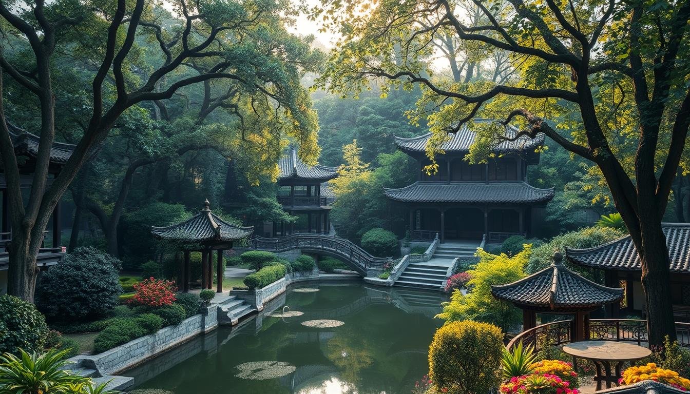 A serene landscape of a traditional Chinese garden, nestled within the historic Kowloon Walled City Park. The lush foliage of towering trees and vibrant flora create a tranquil atmosphere, with a central pond reflecting the surrounding architecture. Ornate pavilions and bridges blend seamlessly into the natural setting, showcasing the harmonious integration of man-made and natural elements. Soft, warm lighting filters through the canopy, casting gentle shadows and highlighting the intricate details of the structures. The scene evokes a sense of timeless elegance and the enduring legacy of the Kowloon Walled City's storied past.