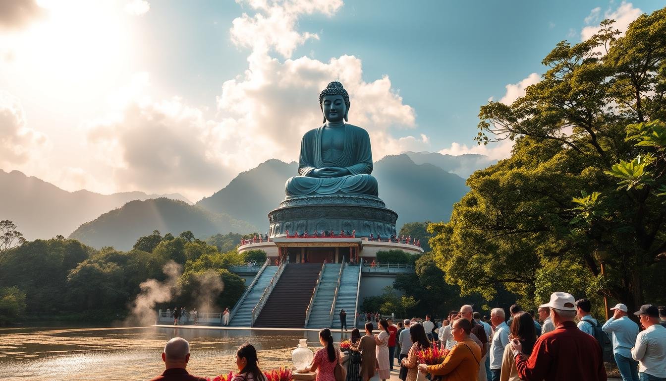 A serene landscape of the iconic Tian Tan Buddha statue, towering majestically against a backdrop of verdant mountains. The colossal bronze figure sits in a contemplative pose, surrounded by lush foliage and the tranquil Lotus Pond. Sunlight filters through the clouds, casting a warm, spiritual glow over the scene. In the foreground, worshippers offer incense and prayers, honoring the rich cultural and historical significance of this sacred site. The image conveys a sense of reverence, timelessness, and the enduring legacy of the Tian Tan Buddha, a beloved symbol of Hong Kong's spiritual heritage.