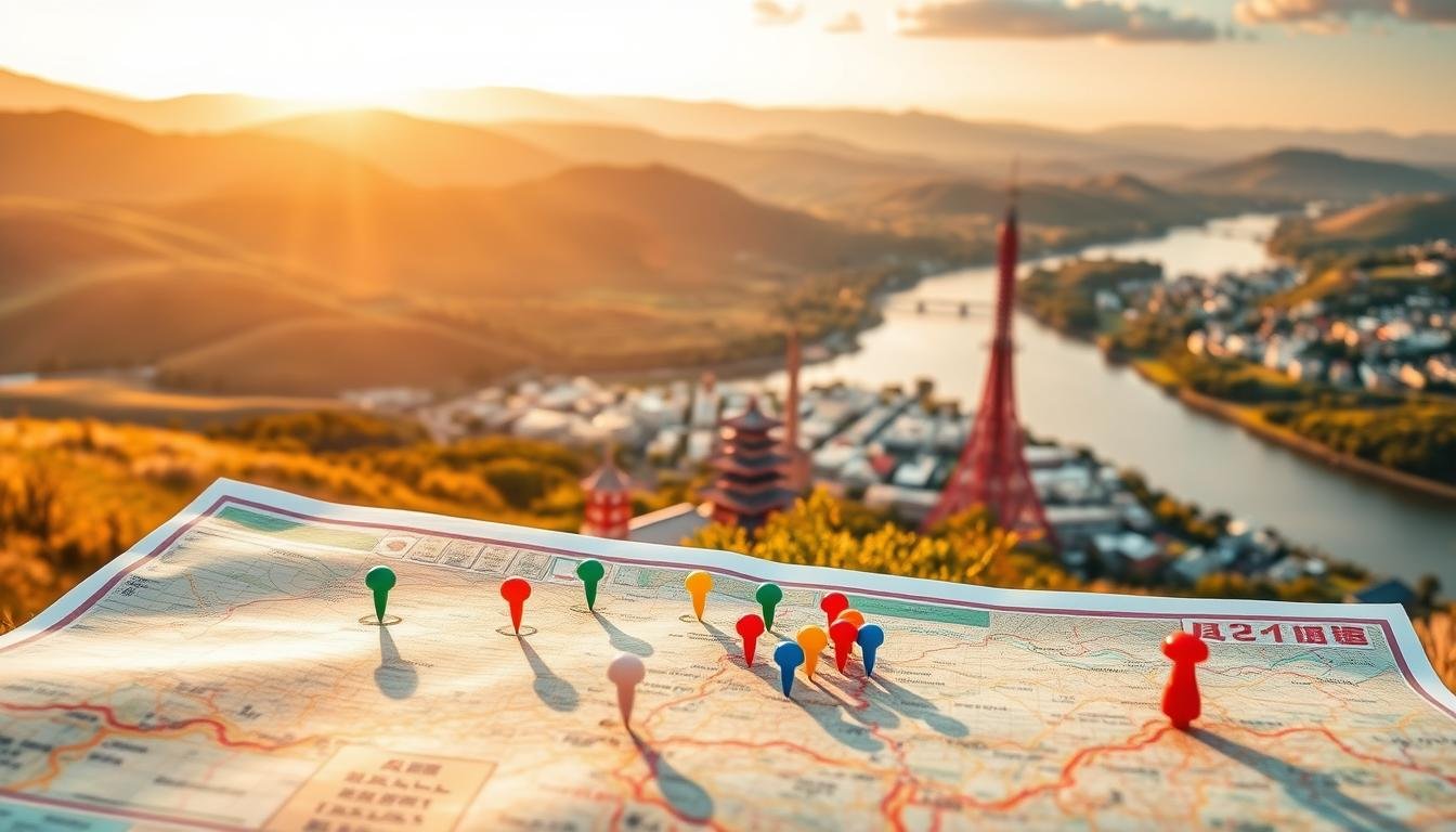 A serene landscape showcasing a meticulously planned travel itinerary. In the foreground, a traveler's map unfurls, with colorful pins denoting must-visit destinations. The middle ground features iconic landmarks of Fukuoka, such as the Hakata Gion Yamakasa Festival floats and the iconic Fukuoka Tower, all bathed in warm, golden afternoon light. In the background, rolling hills and a tranquil river create a picturesque scene, inviting the viewer to immerse themselves in the local culture and explore the hidden gems of this vibrant city. The overall composition conveys a sense of adventure, discovery, and the perfect balance between must-see attractions and off-the-beaten-path experiences. A serene landscape showcasing a meticulously planned travel itinerary. In the foreground, a traveler's map unfurls, with colorful pins denoting must-visit destinations. The middle ground features iconic landmarks of Fukuoka, such as the Hakata Gion Yamakasa Festival floats and the iconic Fukuoka Tower, all bathed in warm, golden afternoon light. In the background, rolling hills and a tranquil river create a picturesque scene, inviting the viewer to immerse themselves in the local culture and explore the hidden gems of this vibrant city. The overall composition conveys a sense of adventure, discovery, and the perfect balance between must-see attractions and off-the-beaten-path experiences.