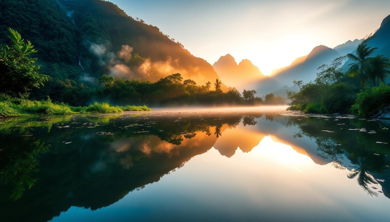 A serene morning scene at the East Luo Creek, with the tranquil waters mirroring the lush greenery and towering mountains in the background. Soft golden light filters through the mist, casting a warm glow over the reflection. The composition features a balanced interplay of the creek's smooth surface, the surrounding foliage, and the distant peaks. The angle captures the essence of this picturesque landscape, highlighting the calm and contemplative atmosphere perfect for photography enthusiasts seeking the best time and location to capture the essence of the Red Cotton Road region. A serene morning scene at the East Luo Creek, with the tranquil waters mirroring the lush greenery and towering mountains in the background. Soft golden light filters through the mist, casting a warm glow over the reflection. The composition features a balanced interplay of the creek's smooth surface, the surrounding foliage, and the distant peaks. The angle captures the essence of this picturesque landscape, highlighting the calm and contemplative atmosphere perfect for photography enthusiasts seeking the best time and location to capture the essence of the Red Cotton Road region.