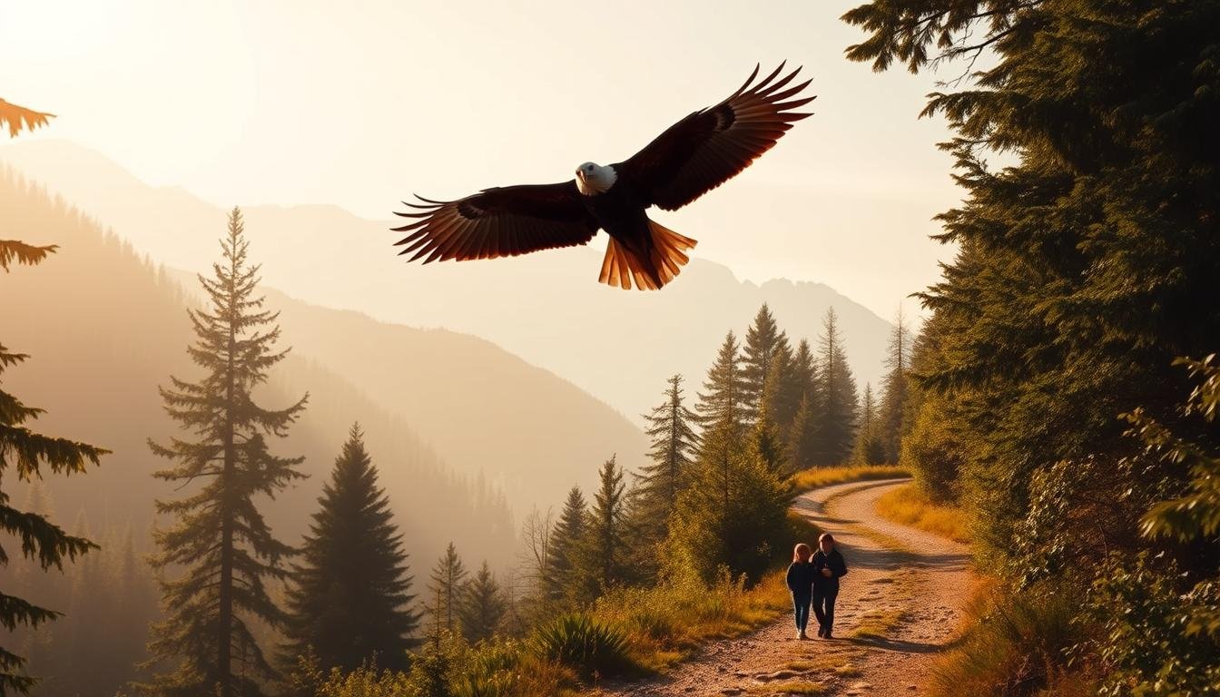 A serene mountain trail winding through lush, verdant forests, with a majestic eagle soaring overhead. The foreground features a tranquil path, flanked by towering trees and vibrant foliage, inviting hikers to embark on a peaceful journey. In the middle ground, a family of three - a parent and two children - strolling together, their silhouettes cast against the dappled sunlight filtering through the canopy. The background showcases the magnificent outline of a large, powerful eagle, its wings outstretched in graceful flight, symbolizing the strength and freedom of the natural world. The scene is bathed in warm, golden hues, creating a sense of timelessness and wonder. A cinematic, wide-angle lens captures the grandeur of this serene, idyllic landscape.