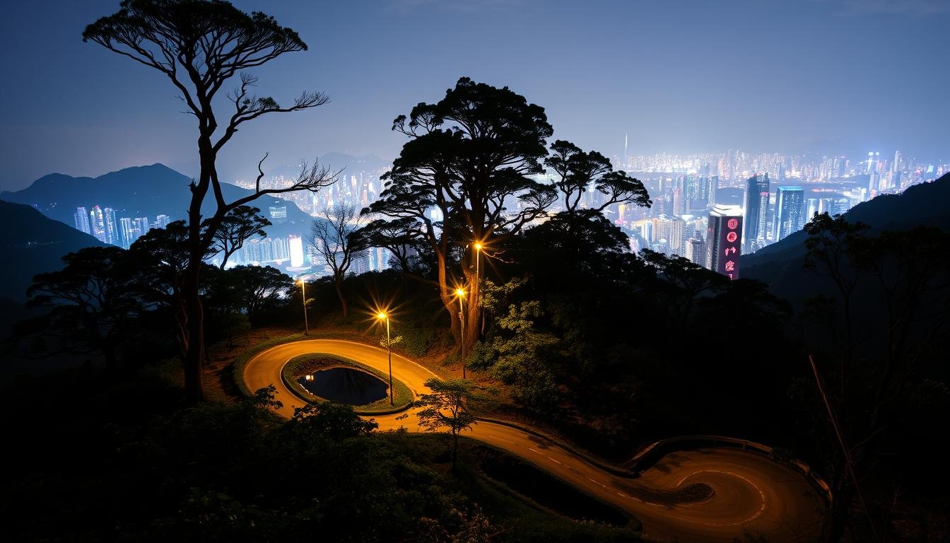 A serene night scene of Tai Ping Shan in Hong Kong. The winding road snakes through the lush hillside, lined with towering trees and dimly lit street lamps. The city skyline glitters in the distance, reflecting in the still waters of a small pond. A warm, golden glow bathes the scene, creating a cozy, inviting atmosphere. The camera is positioned at a low angle, emphasizing the dramatic scale of the mountainous landscape. The image evokes a sense of tranquility and the beauty of Hong Kong's natural settings, perfect for highlighting efficient and cost-effective transportation options for exploring the city.