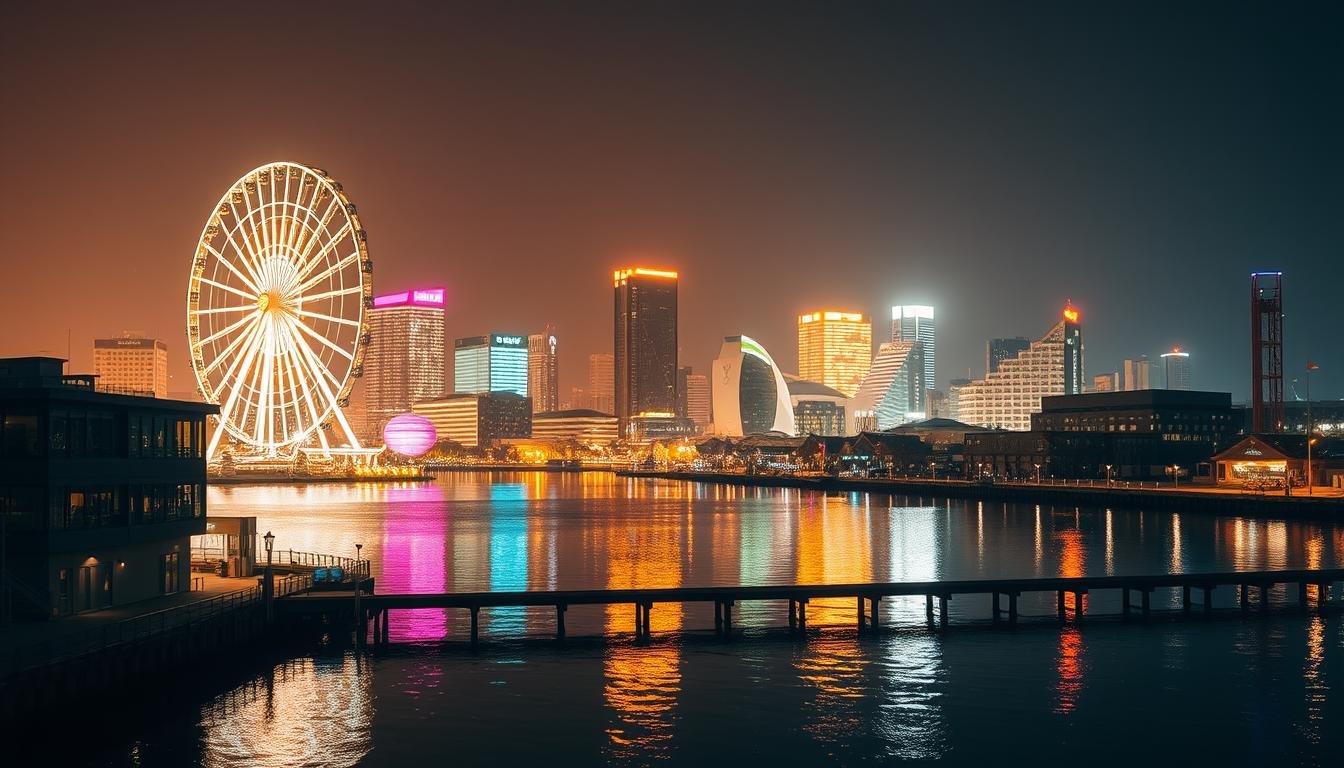A serene night vista of Nagoya Port, its iconic landmarks illuminated by a dazzling display of lights. Towering ferris wheels and skyscrapers cast captivating reflections upon the calm waters, creating a dreamlike atmosphere. Warm, golden hues bathe the scene, evoking a sense of tranquility and wonder. Carefully positioned to showcase the harmonious blend of modern architecture and natural elements, the image invites the viewer to immerse themselves in the enchanting nightlife of this family-friendly destination. A perfect setting for memorable photographs that capture the essence of Nagoya's vibrant, yet serene, seasonal charm.