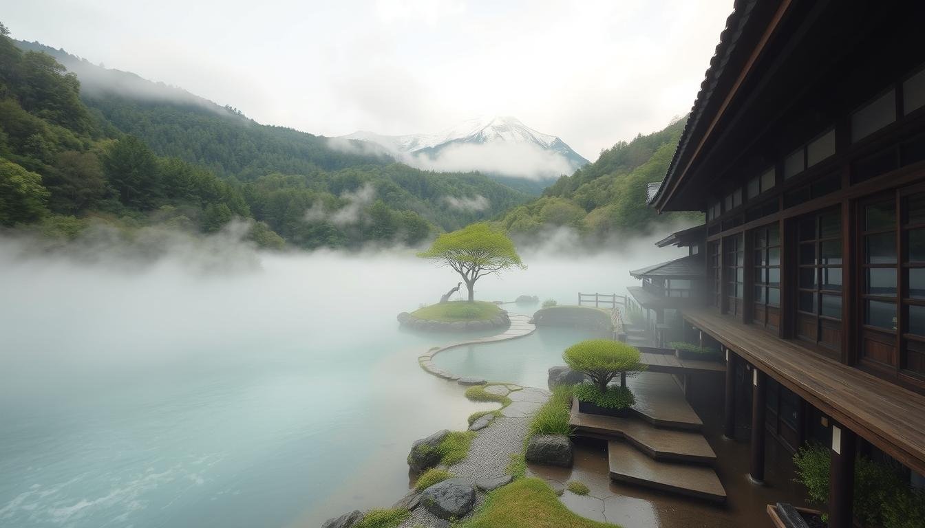 A serene onsen nestled in the picturesque Tōhoku region, surrounded by lush, verdant mountains. The steaming mineral-rich waters shimmer under the soft, diffused light filtering through the mist, creating a tranquil atmosphere. In the foreground, a traditional ryokan with its elegant, wooden architecture blends seamlessly with the natural landscape. In the middle ground, a small path winds through the verdant foliage, leading to the onsen's entrance. The background features snow-capped peaks, their majestic silhouettes rising against a pastel sky. The overall scene conveys a sense of timeless, serene beauty, inviting the viewer to immerse themselves in the restorative powers of this hidden natural oasis.