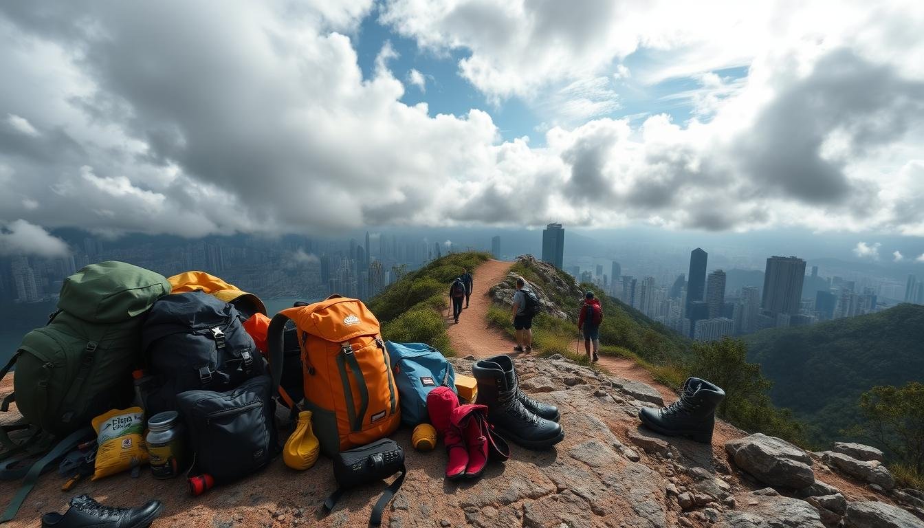 A serene, panoramic landscape showcasing essential hiking equipment and safety gear against the backdrop of a dramatic, stormy Hong Kong skyline. In the foreground, a well-organized array of sturdy backpacks, weatherproof jackets, durable boots, and other outdoor essentials rests on a rocky outcrop. The middle ground features a winding trail leading into the distance, with hikers navigating the path carefully. In the background, the iconic skyscrapers of Hong Kong are partially obscured by ominous, fast-moving clouds, creating a sense of impending weather changes. Bright, diffused lighting from a concealed sun illuminates the scene, casting long shadows and highlighting the textures of the equipment. The overall mood evokes a sense of preparedness, adventure, and respect for the unpredictable natural environment.