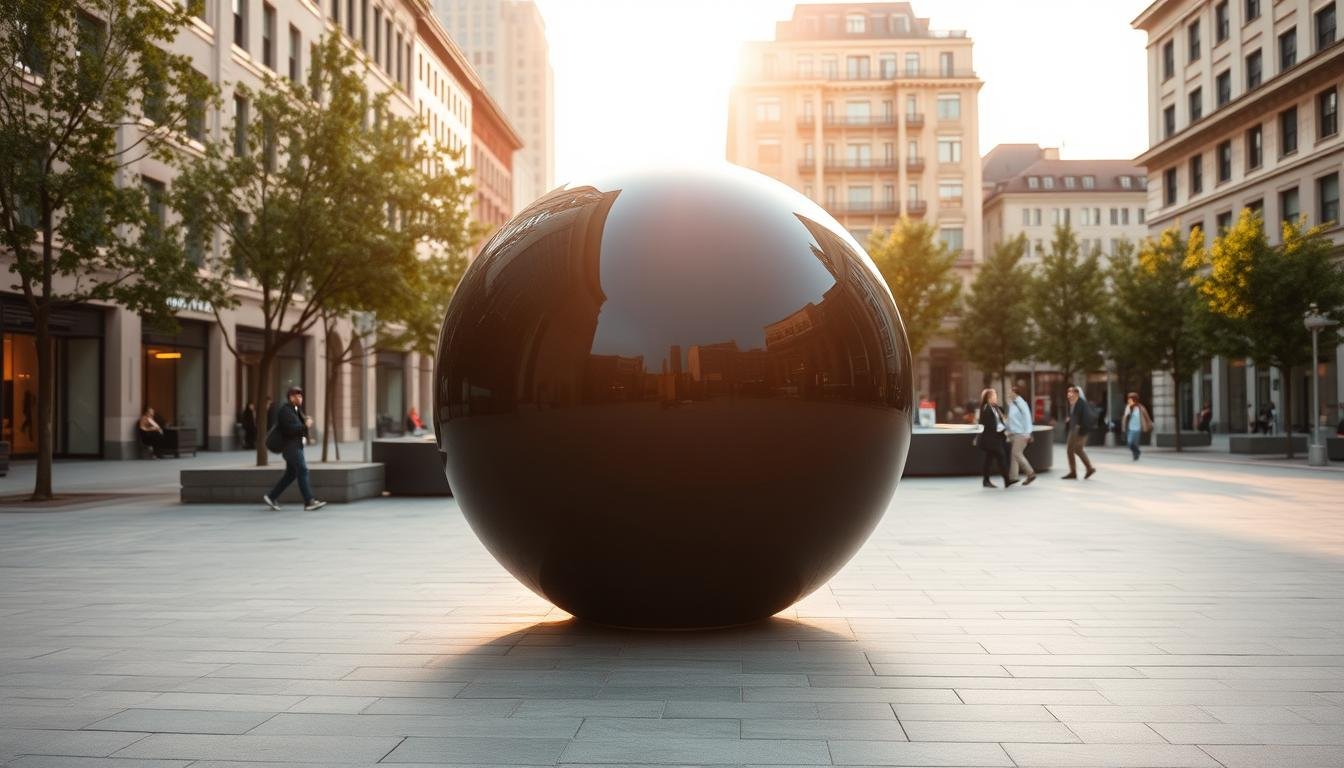 A serene public square, bathed in a soft, diffused light. Dominating the scene, a captivating black spherical sculpture stands as a striking focal point, its glossy surface reflecting the surrounding architecture and passersby. The sphere's imposing yet graceful presence invites contemplation, blending seamlessly with the harmonious urban landscape. Subtle shadows and highlights accentuate the sculpture's form, creating a sense of depth and dimension. The overall atmosphere is one of tranquility and artistic introspection, inviting the viewer to pause and engage with the interplay of the public space and the sculptural intervention. A serene public square, bathed in a soft, diffused light. Dominating the scene, a captivating black spherical sculpture stands as a striking focal point, its glossy surface reflecting the surrounding architecture and passersby. The sphere's imposing yet graceful presence invites contemplation, blending seamlessly with the harmonious urban landscape. Subtle shadows and highlights accentuate the sculpture's form, creating a sense of depth and dimension. The overall atmosphere is one of tranquility and artistic introspection, inviting the viewer to pause and engage with the interplay of the public space and the sculptural intervention.