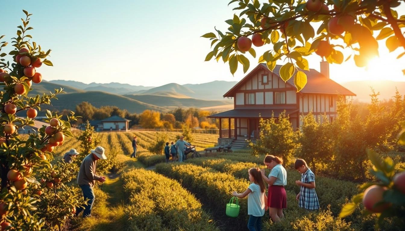 A serene rural landscape in the Japanese countryside, featuring a traditional farmhouse surrounded by lush apple orchards. In the foreground, farmers tend to the trees, harvesting ripe, juicy apples. The middle ground showcases a family of four engaged in hands-on agricultural activities, learning about the local farming traditions. In the background, rolling hills and a clear blue sky create a peaceful, idyllic atmosphere. Warm, golden lighting filters through the trees, casting a soft, inviting glow over the entire scene. The image conveys a sense of community, heritage, and a deep connection to the land, capturing the essence of the "在地故事" (local stories) theme. A serene rural landscape in the Japanese countryside, featuring a traditional farmhouse surrounded by lush apple orchards. In the foreground, farmers tend to the trees, harvesting ripe, juicy apples. The middle ground showcases a family of four engaged in hands-on agricultural activities, learning about the local farming traditions. In the background, rolling hills and a clear blue sky create a peaceful, idyllic atmosphere. Warm, golden lighting filters through the trees, casting a soft, inviting glow over the entire scene. The image conveys a sense of community, heritage, and a deep connection to the land, capturing the essence of the "在地故事" (local stories) theme.