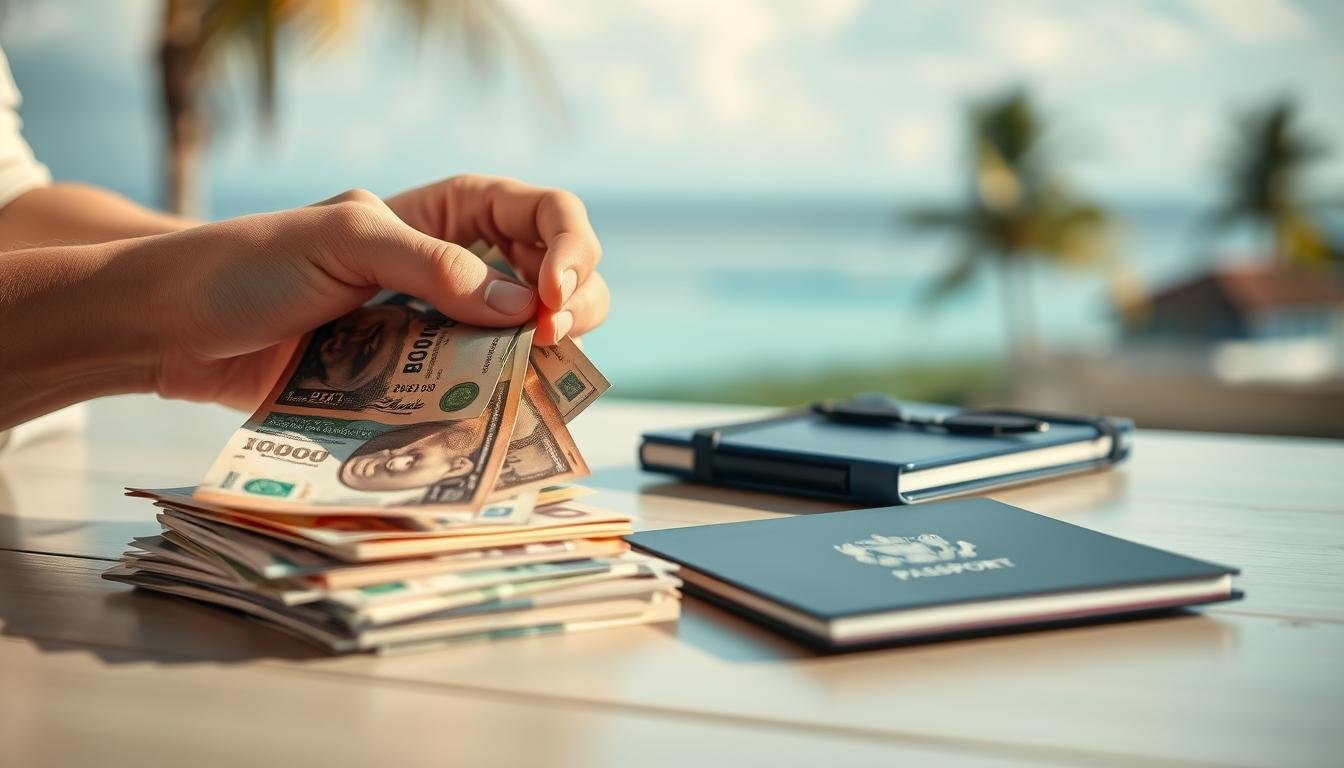 A serene, softly-lit scene depicting the thoughtful task of cash management and declaration. In the foreground, a pair of hands carefully arranging various denominations of foreign currency, each neatly stacked and separated. The middle ground showcases a passport and travel documents, symbolizing the importance of compliance. In the background, a subtly blurred tropical landscape evokes the destination, adding a sense of tranquility and context. The overall composition conveys a balanced, responsible approach to financial preparedness, with a focus on risk mitigation and personal safety.