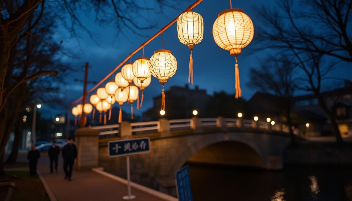A serene summer night in Sendai, the city's iconic Seven Bamboo Decorations (七つ飾り) illuminate the tranquil streets. Elegant and intricate, these traditional ornaments sway gently, casting a warm glow against the backdrop of an old stone bridge and the nearby Hirose River. The scene invites the viewer to step closer, to admire the delicate craftsmanship and the cultural significance of this beloved Tanabata festival tradition. Captured through the lens of a wide aperture, the decorations' vibrant colors and soft bokeh create a sense of depth and atmosphere, drawing the eye to the central focus of the composition. This image celebrates the beauty and cultural heritage of the Sendai Tanabata Festival, offering a glimpse into the captivating sights that await visitors to this enchanting summer celebration.