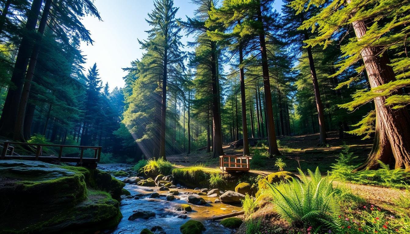 A serene, sun-dappled forest in Ibaraki, Japan, with towering green cedars and mossy rocks lining a meandering stream. Gentle rays of light filter through the canopy, casting a warm, ethereal glow across the scene. In the foreground, a small bridge crosses the babbling brook, inviting visitors to explore the tranquil natural surroundings. Lush ferns and vibrant wildflowers dot the forest floor, creating a sense of balance and harmony. Overhead, a cloudless azure sky frames the peaceful tableau, evoking a deep connection to the beauty of the Japanese countryside. A serene, sun-dappled forest in Ibaraki, Japan, with towering green cedars and mossy rocks lining a meandering stream. Gentle rays of light filter through the canopy, casting a warm, ethereal glow across the scene. In the foreground, a small bridge crosses the babbling brook, inviting visitors to explore the tranquil natural surroundings. Lush ferns and vibrant wildflowers dot the forest floor, creating a sense of balance and harmony. Overhead, a cloudless azure sky frames the peaceful tableau, evoking a deep connection to the beauty of the Japanese countryside.