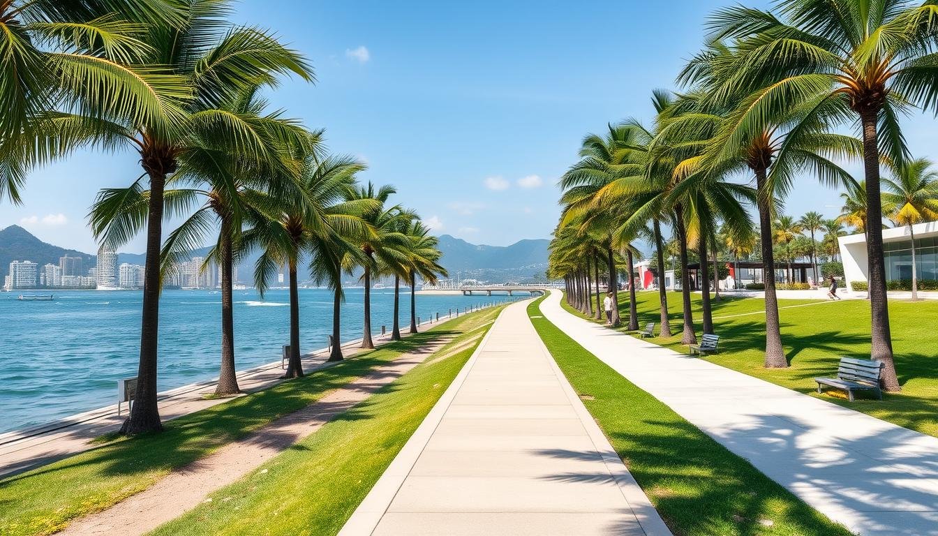 A serene, sun-drenched seaside promenade hugs the shoreline of Hong Kong's West Kowloon Cultural District. Lush palm trees sway gently in the ocean breeze, casting dappled shadows across the smooth concrete path. Ahead, a long, winding boardwalk stretches into the distance, inviting leisurely strolls and contemplation. On either side, verdant grass lawns beckon for casual picnics and relaxation, while modern architectural structures blend seamlessly with the natural setting. The scene exudes a tranquil, laid-back atmosphere, capturing the essence of a thoughtfully designed urban oasis for locals and visitors to immerse themselves in Hong Kong's evolving cultural landscape.