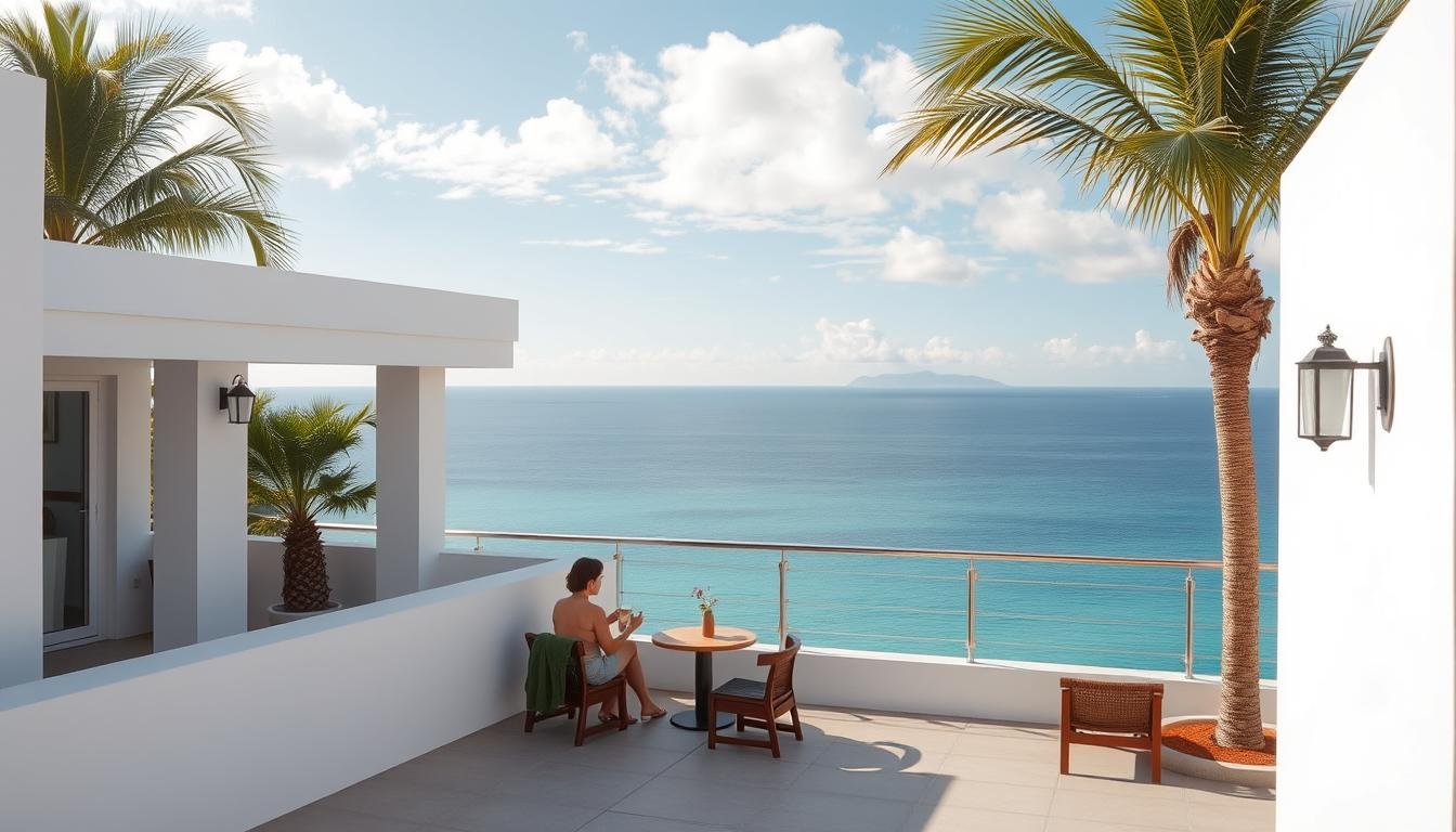 A serene, sun-drenched terrace overlooking the crystal-clear waters of the East China Sea. Umikaji Terrace, a tranquil oasis on the idyllic Henza Island, Okinawa. White-washed minimalist architecture blends seamlessly with the surrounding natural beauty - lush palm trees, gentle ocean breezes, and a distant, hazy silhouette of the Motobu Peninsula. Visitors bask in the relaxed, island-life atmosphere, sipping local coffee or cocktails while taking in the mesmerizing views. Soft, warm lighting filters through wispy clouds, casting a golden glow across the terrace's clean lines and inviting outdoor seating. This is a scene of Okinawan island living at its finest, a sanctuary for those seeking to slow down and savor the moment. A serene, sun-drenched terrace overlooking the crystal-clear waters of the East China Sea. Umikaji Terrace, a tranquil oasis on the idyllic Henza Island, Okinawa. White-washed minimalist architecture blends seamlessly with the surrounding natural beauty - lush palm trees, gentle ocean breezes, and a distant, hazy silhouette of the Motobu Peninsula. Visitors bask in the relaxed, island-life atmosphere, sipping local coffee or cocktails while taking in the mesmerizing views. Soft, warm lighting filters through wispy clouds, casting a golden glow across the terrace's clean lines and inviting outdoor seating. This is a scene of Okinawan island living at its finest, a sanctuary for those seeking to slow down and savor the moment.