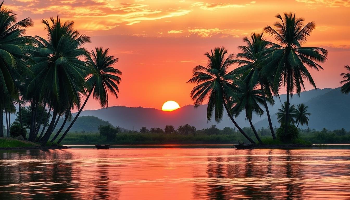 A serene sunset over the tranquil Pai River, its waters reflecting the warm, golden hues of the sky. Tall, lush palm trees sway gently in the soft breeze, creating a sense of peaceful immersion. The sun dips below the distant rolling hills, casting a soft, ethereal glow across the landscape. Vibrant colors blend seamlessly, from the fiery orange orb to the dusky pinks and purples of the horizon. The scene evokes a deep sense of calm and wonder, inviting the viewer to fully immerse themselves in the beauty of this fleeting moment.