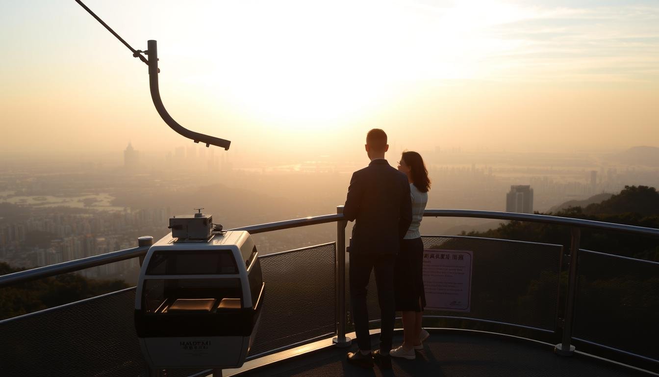 A serene sunset scene at the top of Taipei's Maokong Gondola, with the city skyline in the distance. A couple stands on the observation deck, gazing out over the sweeping vistas as the sky transitions from warm hues to soft pastels. The gondola cars glide silently in the foreground, adding a sense of movement and transportation. Subtle lens flare from the setting sun creates a dreamy, atmospheric quality. The mood is one of peaceful contemplation, perfectly capturing the flexibility of planning a visit to this iconic Taipei landmark based on the time of day and weather conditions. A serene sunset scene at the top of Taipei's Maokong Gondola, with the city skyline in the distance. A couple stands on the observation deck, gazing out over the sweeping vistas as the sky transitions from warm hues to soft pastels. The gondola cars glide silently in the foreground, adding a sense of movement and transportation. Subtle lens flare from the setting sun creates a dreamy, atmospheric quality. The mood is one of peaceful contemplation, perfectly capturing the flexibility of planning a visit to this iconic Taipei landmark based on the time of day and weather conditions.