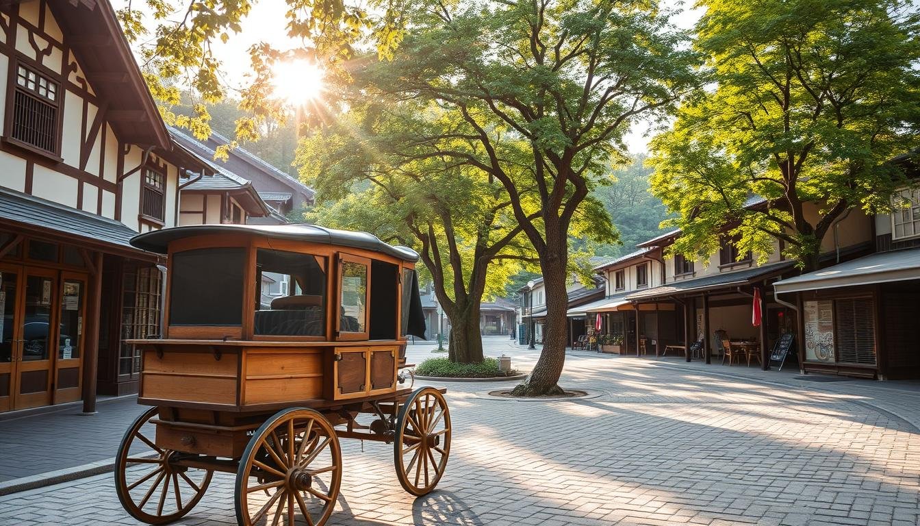 A serene town square in Yufuin, Oita Prefecture, Japan. In the foreground, a traditional wooden horse-drawn carriage, its weathered exterior complementing the quaint surroundings. Cobblestone paths wind through the middle ground, flanked by charming shops and cafes, their facades adorned with intricate architectural details. In the background, a lush forest canopy casts a soft, dappled light across the scene, creating a tranquil and inviting atmosphere. The carriage stands as a timeless symbol of the town's connection to its natural heritage and leisurely pace of life. Warm, golden hour lighting filters through the trees, imbuing the entire composition with a sense of welcoming and wonder.