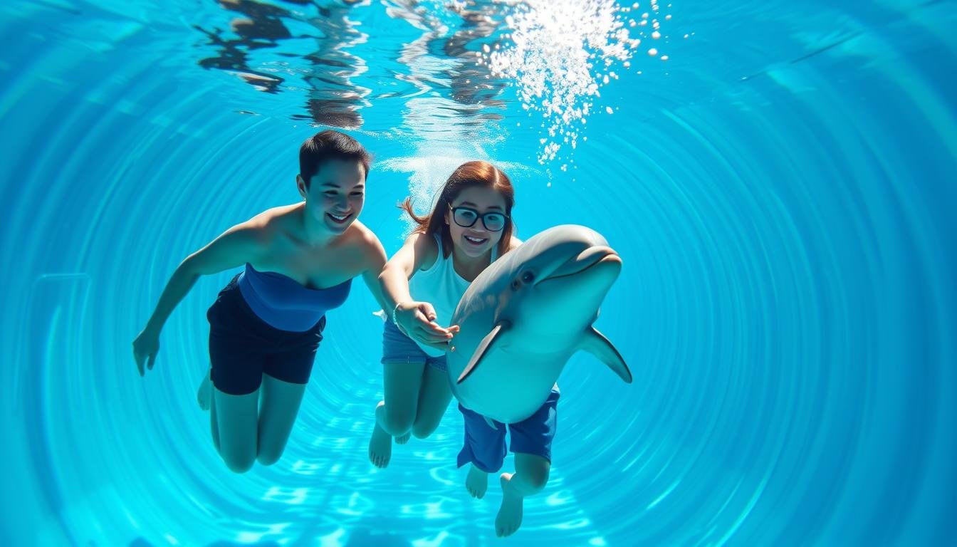 A serene underwater tunnel, bathed in shimmering azure light, as a family of three - a parent, child, and a friendly dolphin - swim together, their movements graceful and synchronized. The parent's hand gently guides the child, encouraging their wonder and curiosity at the marine life surrounding them. The dolphin, its eyes gleaming with intelligence, seems to playfully interact with the humans, creating a harmonious and educational moment of joyful discovery. The scene conveys a sense of tranquility, wonder, and the nurturing of a child's natural fascination with the ocean's secrets.