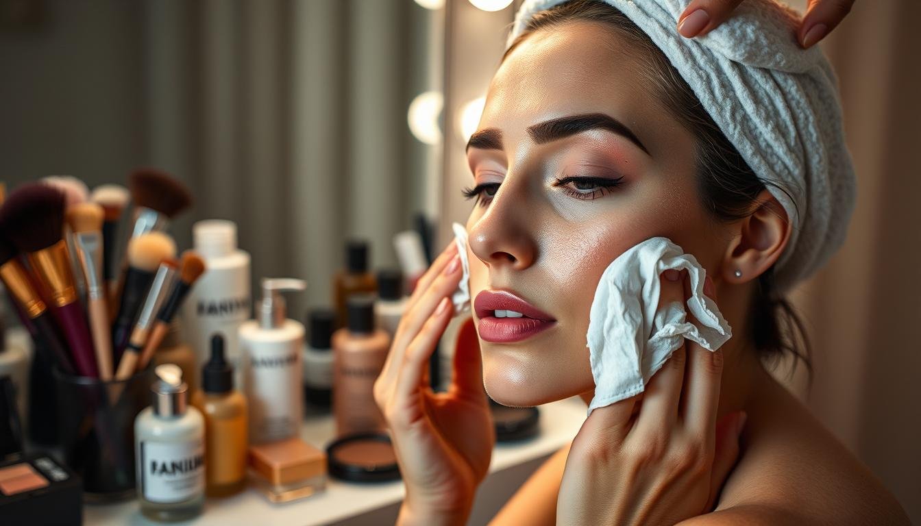 A serene vanity table, illuminated by soft, diffused lighting, showcases an array of makeup brushes, lotions, and cleansers. In the foreground, a model's face is gently being wiped clean, the thick, theatrical makeup melting away to reveal the natural skin beneath. The background is blurred, focusing the viewer's attention on the delicate process of removing the stage-ready look. Hints of a soothing, zen-like atmosphere permeate the scene, conveying the importance of proper cleansing and skincare after a long, demanding performance.