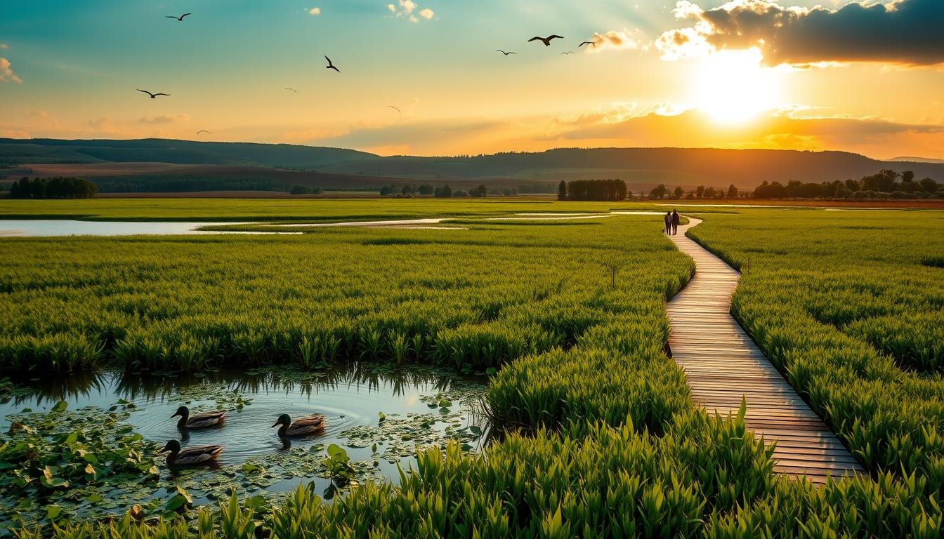 A serene wetland landscape, with lush green vegetation and a tranquil lake reflecting the sky. In the foreground, a family of ducks glides across the calm waters, while birds soar overhead. In the middle ground, a wooden boardwalk winds through the reeds, inviting visitors to explore the natural wonder. The background features rolling hills and a distant forest, bathed in warm, golden light from the sun peeking through the clouds. The scene conveys a sense of harmony and the importance of preserving these delicate ecosystems for future generations.