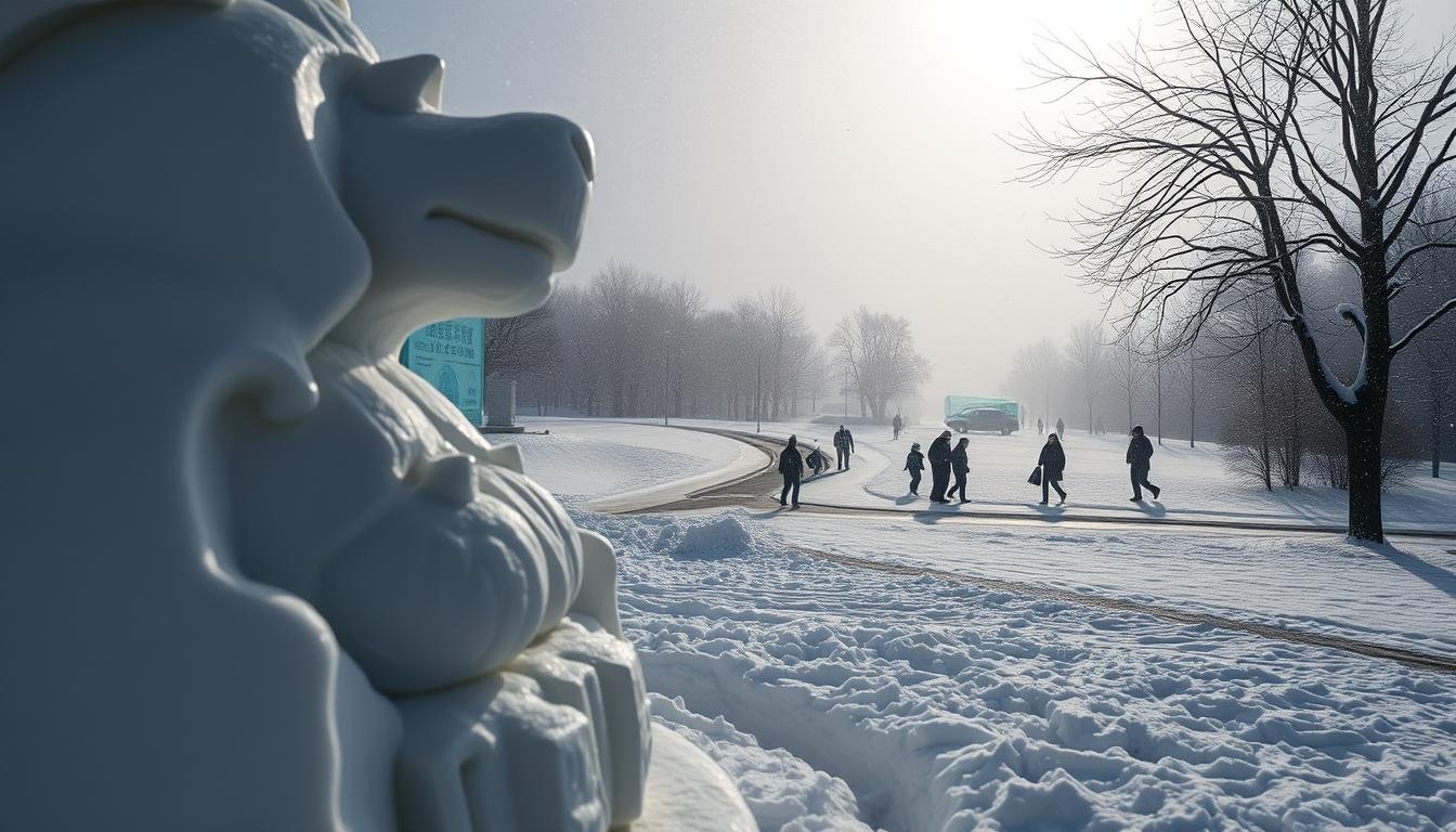 A serene winter scene at the Odori Park in Sapporo, Japan. The foreground features an intricately carved snow sculpture, its details illuminated by soft, diffused lighting. In the middle ground, a path winds through the park, with visitors bundled up and exploring the snowy landscape. The background is dominated by a veil of falling snow, creating a magical, ethereal atmosphere. The low-angle perspective emphasizes the scale and grandeur of the snow sculpture, inviting the viewer to appreciate the artistry and craftsmanship behind this stunning winter display. Crisp, high-contrast shadows add depth and dimension, while the muted color palette evokes the serene, contemplative mood of the scene.