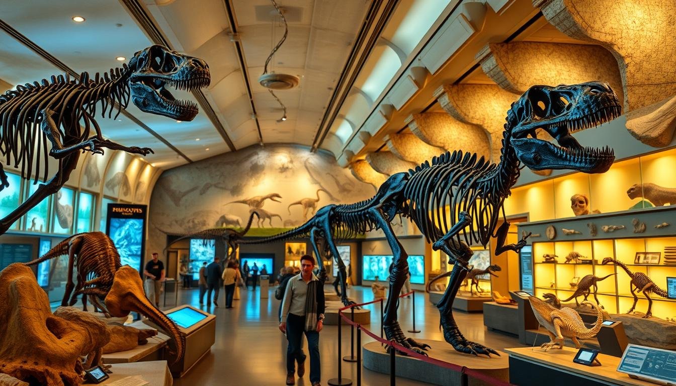 A spacious, immersive exhibition hall with intricate dinosaur fossils and skeletal structures displayed in a captivating, lifelike setting. Soft, warm lighting casts an inviting, educational atmosphere, drawing visitors into a world of ancient paleontological discoveries. Realistic, three-dimensional dinosaur models stand tall, their intricate textures and features meticulously crafted. Interactive displays and touch-enabled exhibits encourage hands-on exploration, allowing visitors to uncover the mysteries of these prehistoric creatures. The background seamlessly blends elements of a modern research lab and a natural history museum, creating a harmonious, immersive experience. A spacious, immersive exhibition hall with intricate dinosaur fossils and skeletal structures displayed in a captivating, lifelike setting. Soft, warm lighting casts an inviting, educational atmosphere, drawing visitors into a world of ancient paleontological discoveries. Realistic, three-dimensional dinosaur models stand tall, their intricate textures and features meticulously crafted. Interactive displays and touch-enabled exhibits encourage hands-on exploration, allowing visitors to uncover the mysteries of these prehistoric creatures. The background seamlessly blends elements of a modern research lab and a natural history museum, creating a harmonious, immersive experience.