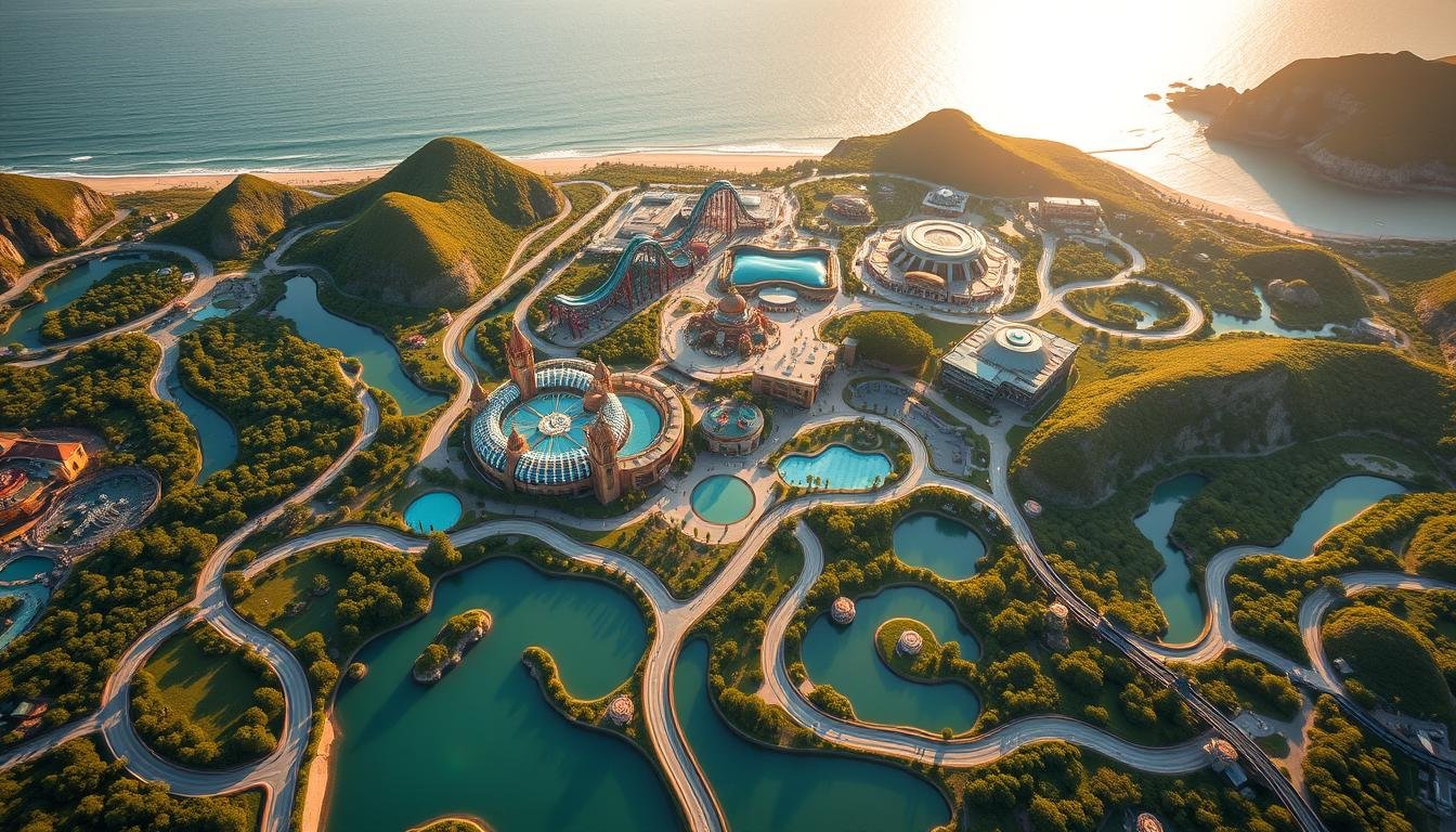 A sprawling aerial view of the Farglory Ocean Park, showcasing its intricate layout and various attractions. The foreground features the main visitor paths, winding through lush greenery and pristine waterways. The middle ground highlights key landmarks like the iconic roller coaster, aquarium, and themed pavilions, all bathed in warm, golden sunlight. The background reveals the park's boundaries, nestled between rugged coastal cliffs and the vast, shimmering ocean. The scene conveys a sense of immersive exploration, inviting visitors to navigate the park's diverse experiences seamlessly. Cinematic camera angles and a heightened sense of depth create a visually striking and informative illustration.